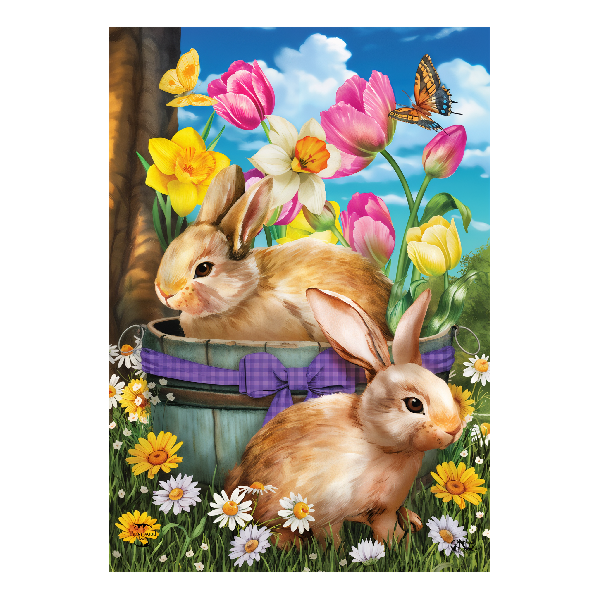Briarwood Lane Spring Bunny Basket Floral House Flag -- detail view