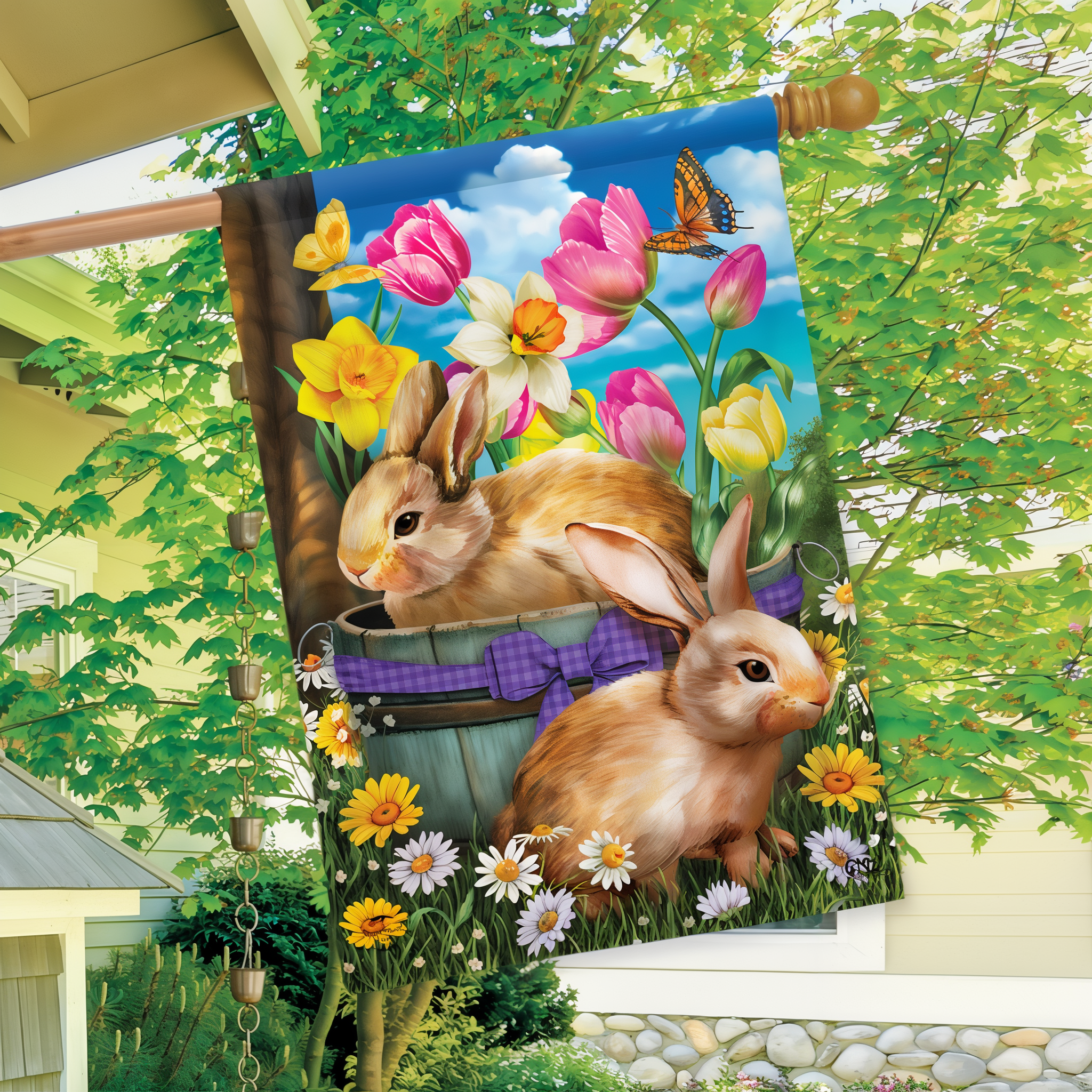 Briarwood Lane Spring Bunny Basket Floral House Flag -- detail view