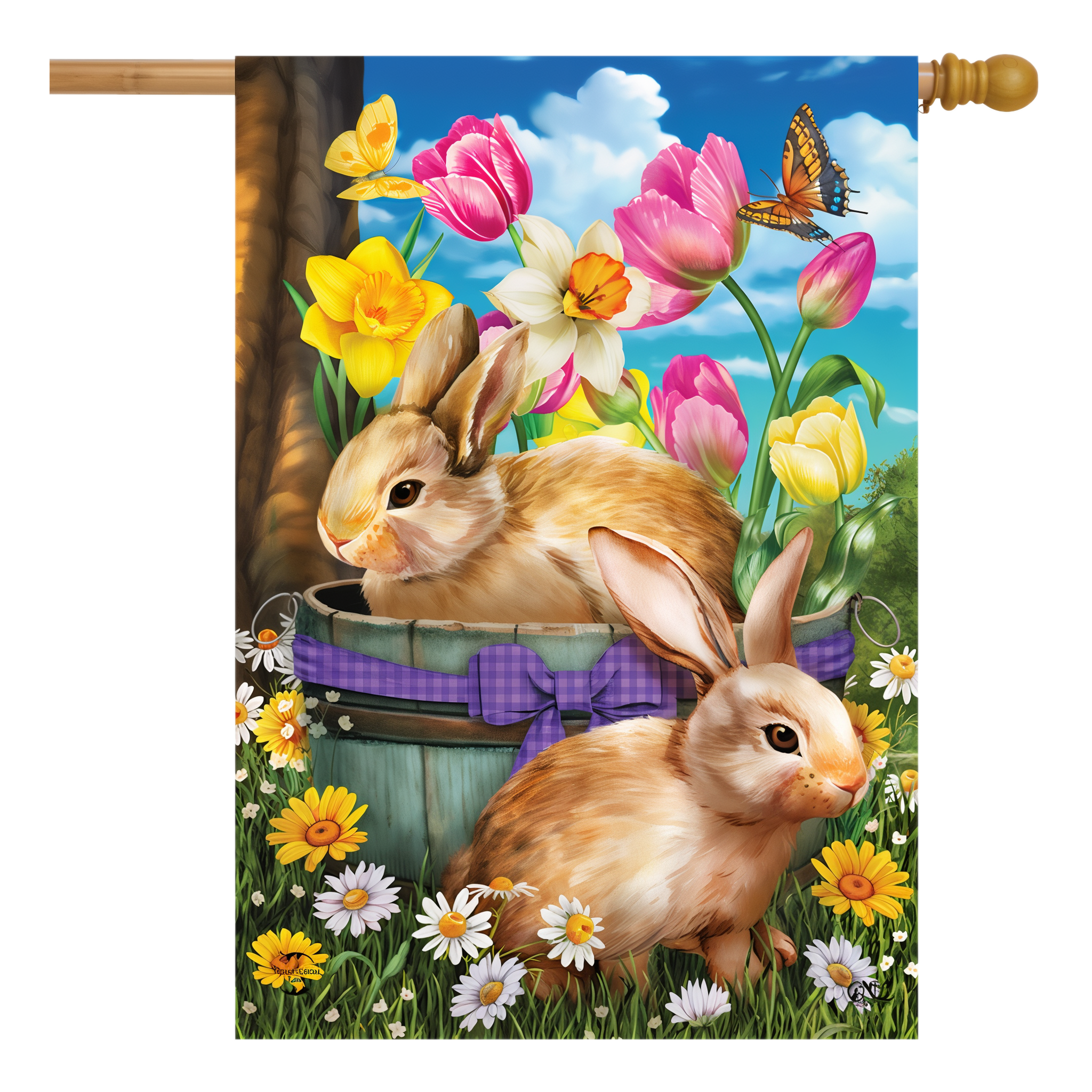Briarwood Lane Spring Bunny Basket Floral House Flag -- 28" x 40"