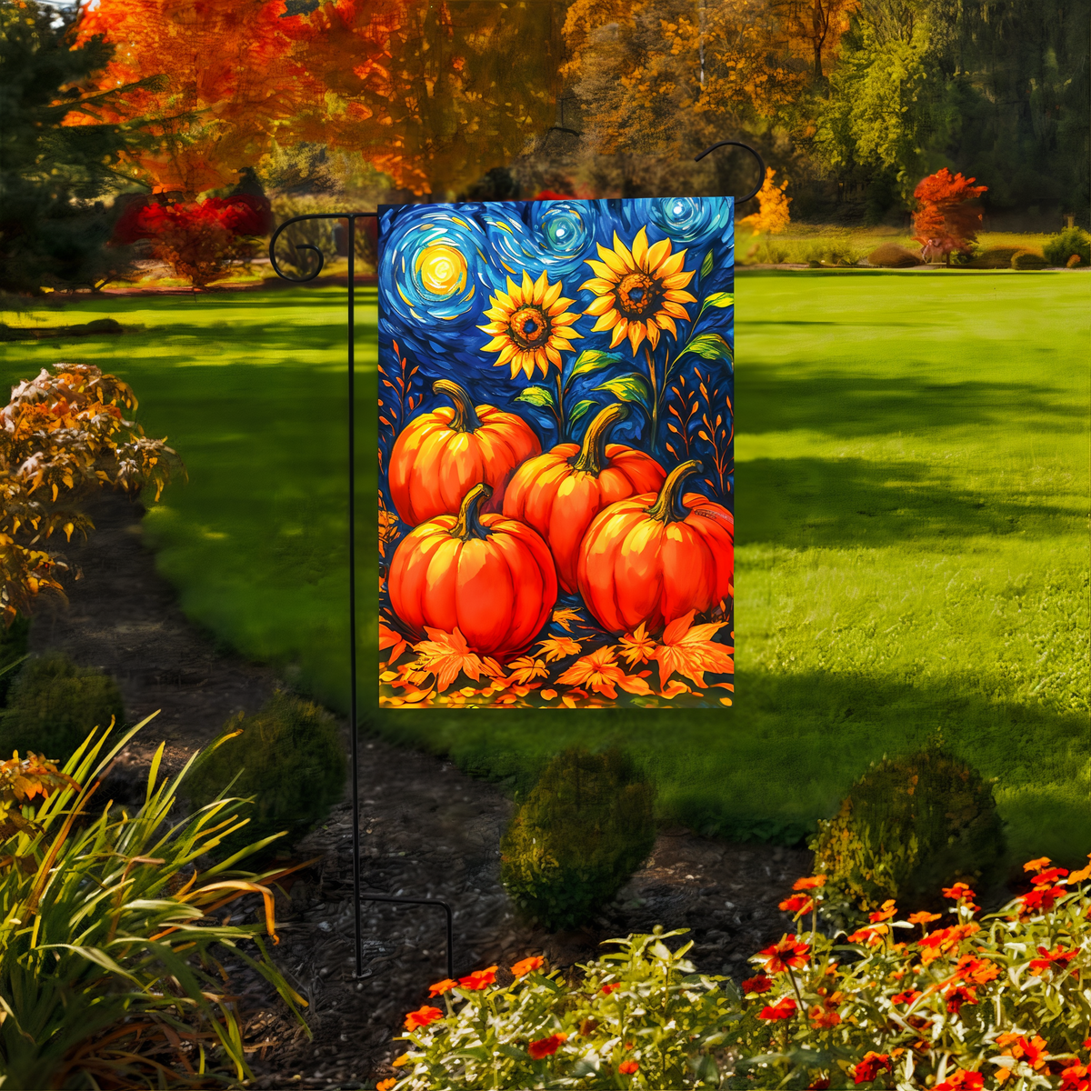 Briarwood Lane Starry Night Pumpkins Garden Flag -- garden flag displayed outdoors