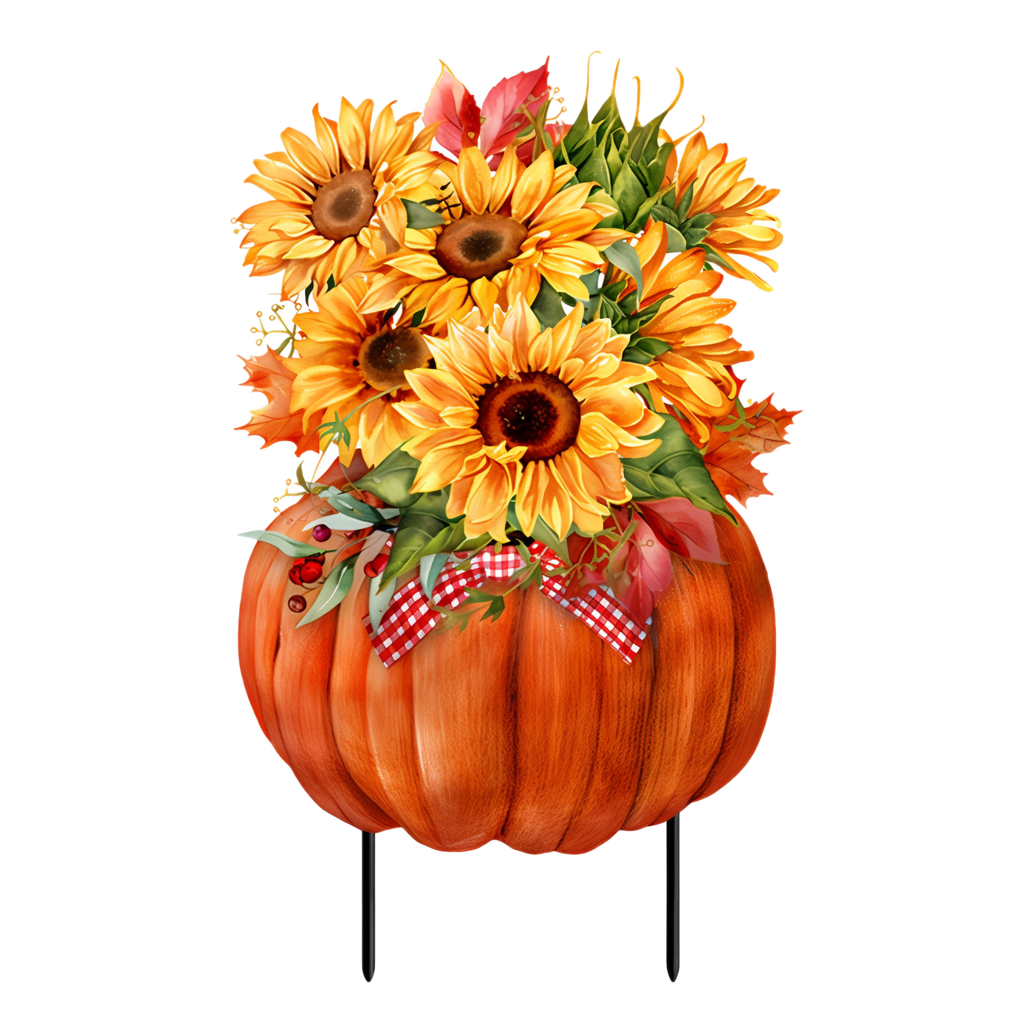 Briarwood Lane Sunflowers in Pumpkins Metal Art -- 30" (including 8" stakes) x 13"