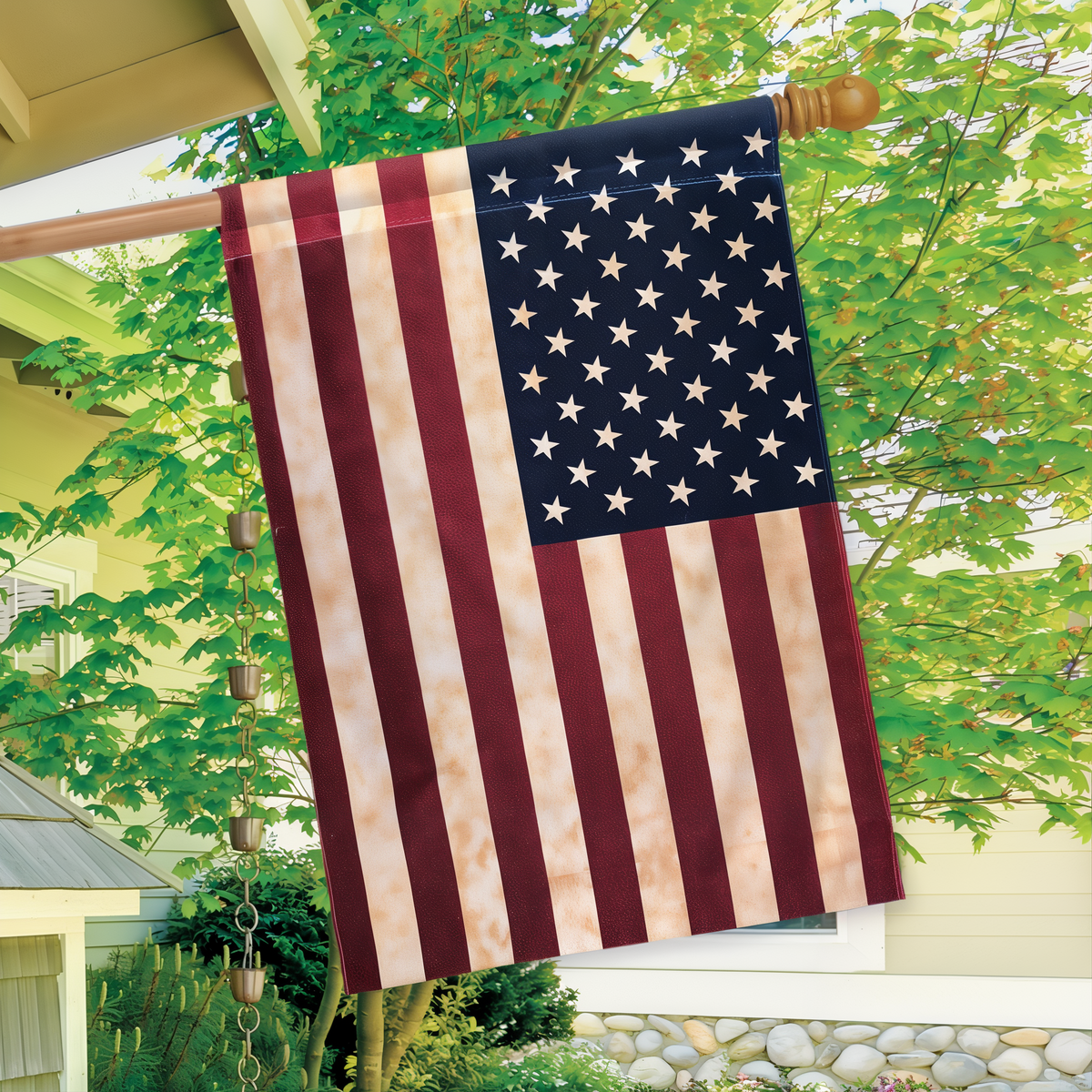Briarwood Lane Tea Stained American House Flag -- house flag displayed outdoors