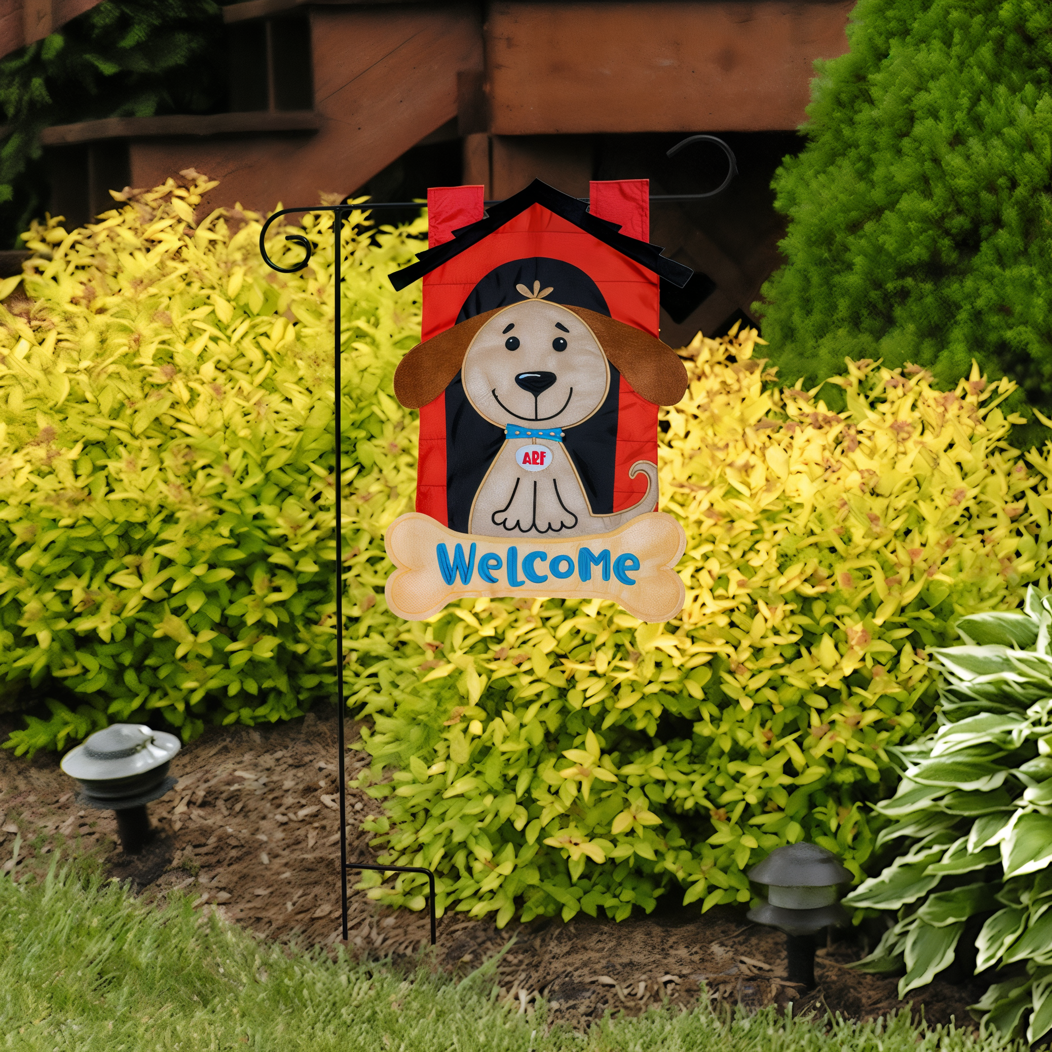 Briarwood Lane Welcome Doghouse Applique Garden Flag -- detail view
