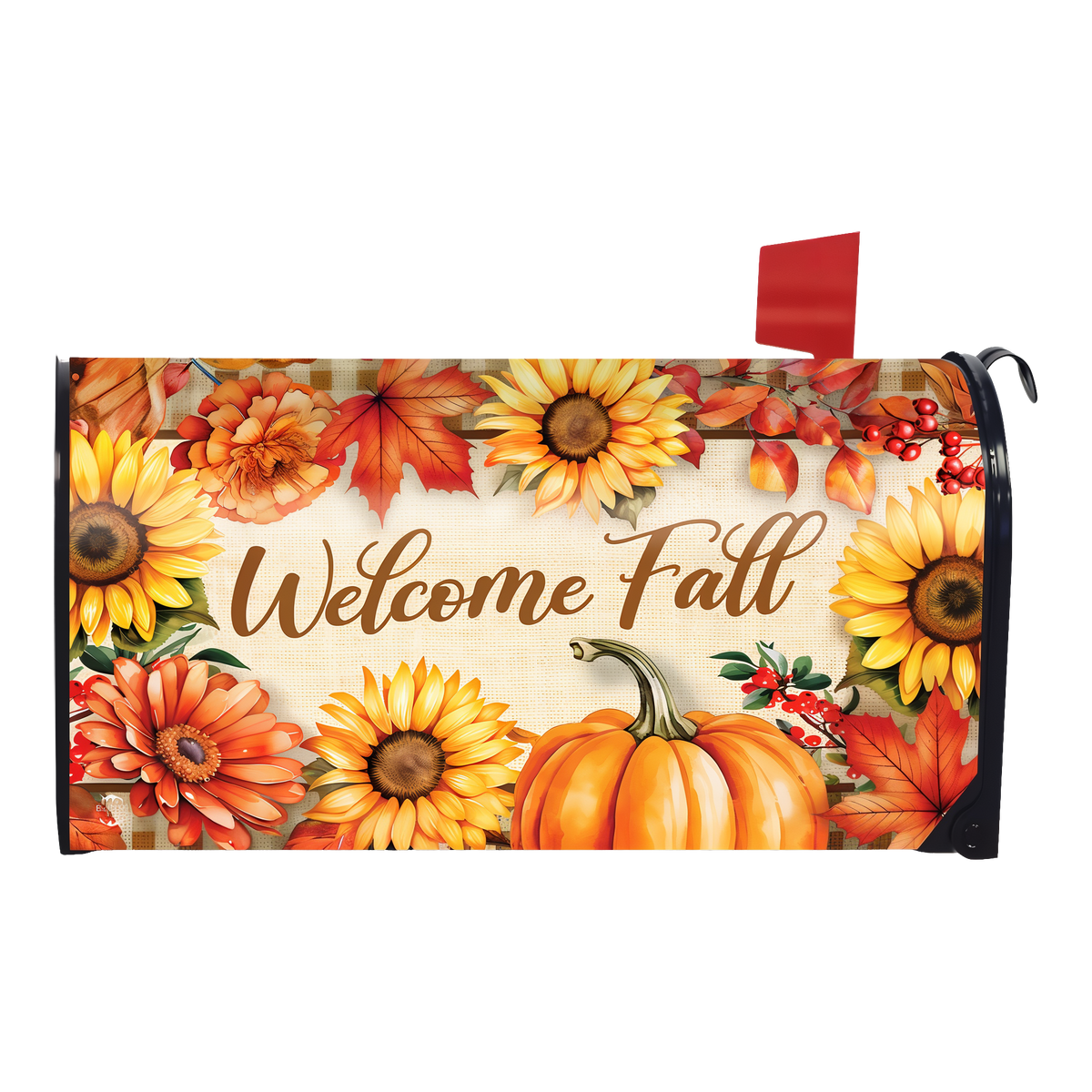 Briarwood Lane Welcome Fall Flowers Mailbox Cover -- magnetic mailbox cover shown on a standard steel mailbox