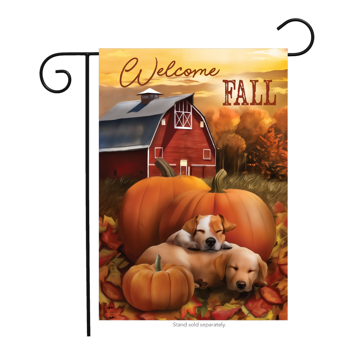 Briarwood Lane Welcome Fall Puppies Garden Flag -- garden flag shown on a garden flag stand