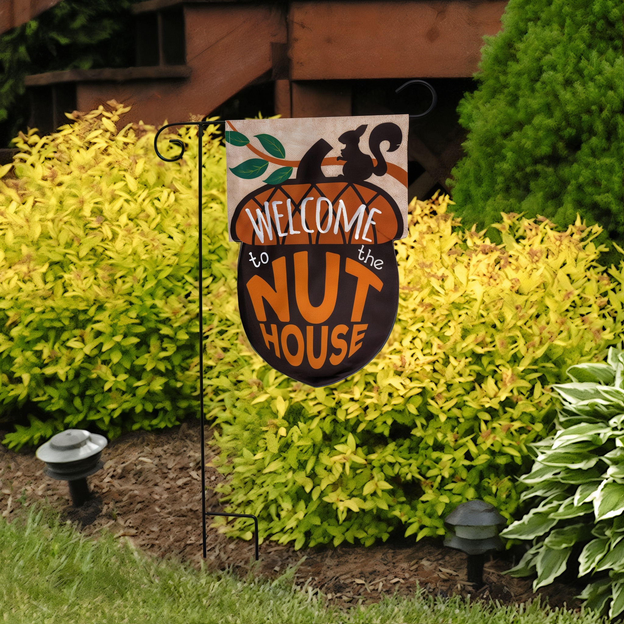 Briarwood Lane Welcome To The Nuthouse Burlap Garden Flag -- detail view