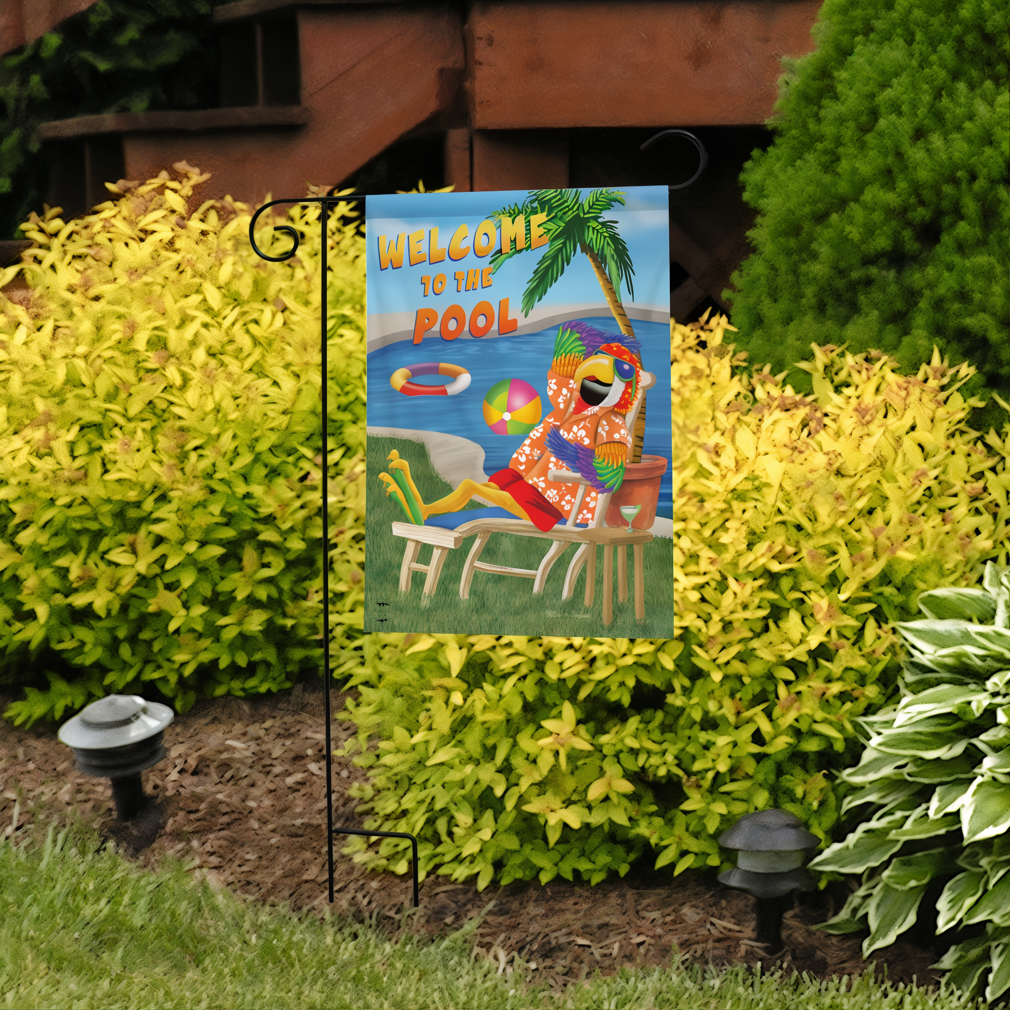Briarwood Lane Welcome To The Pool Summer Garden Flag -- detail view