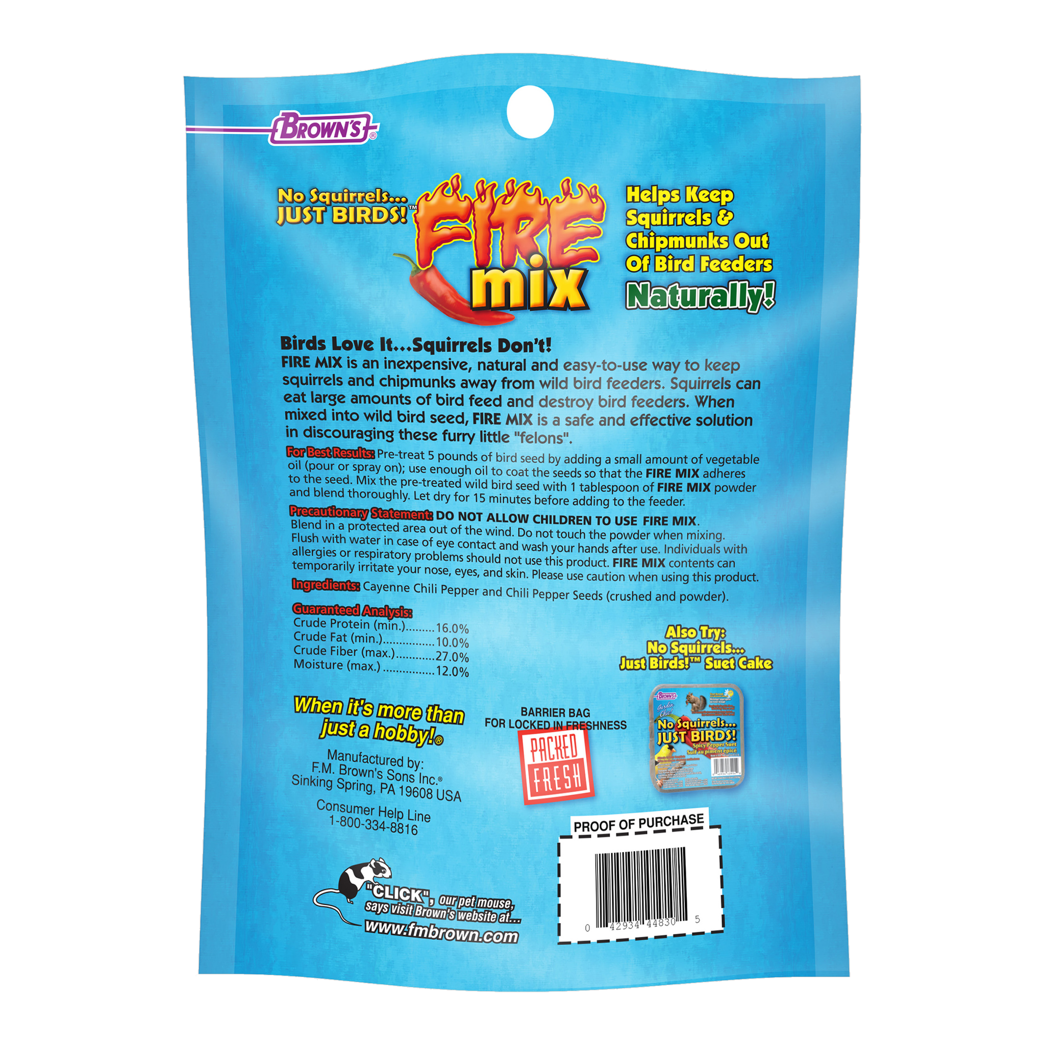Back of the Fire Mix Squirrel Deterrent packaging with feeding directions