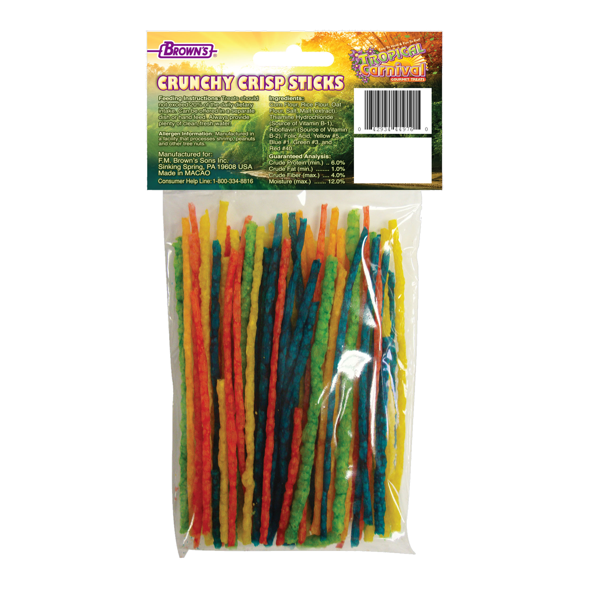 Back of the Tropical Carnival Crunchy Crisp Sticks packaging with feeding directions