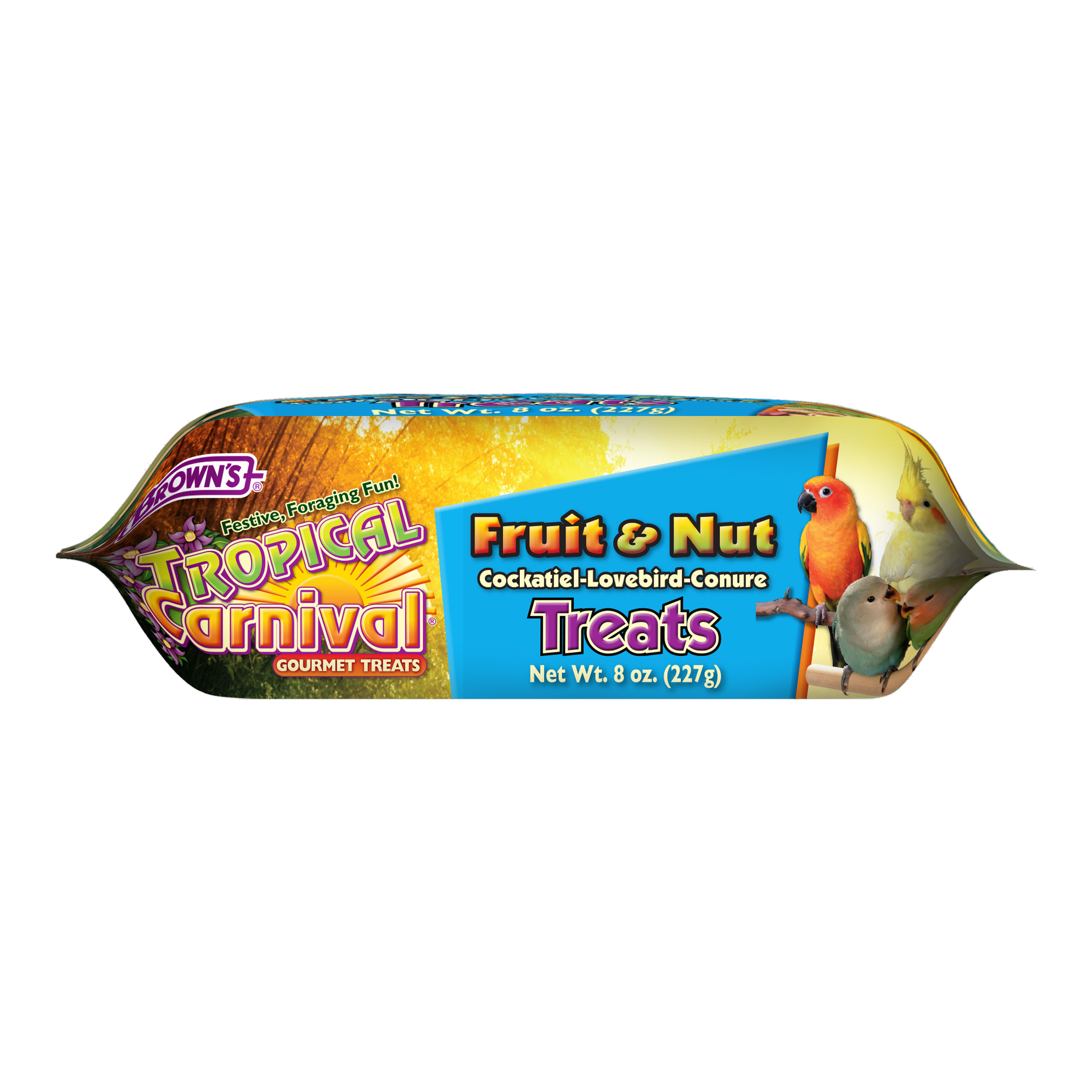 Tropical Carnival Fruit & Nut Cockatiel, Conure & Lovebird Treat package, lay-flat view