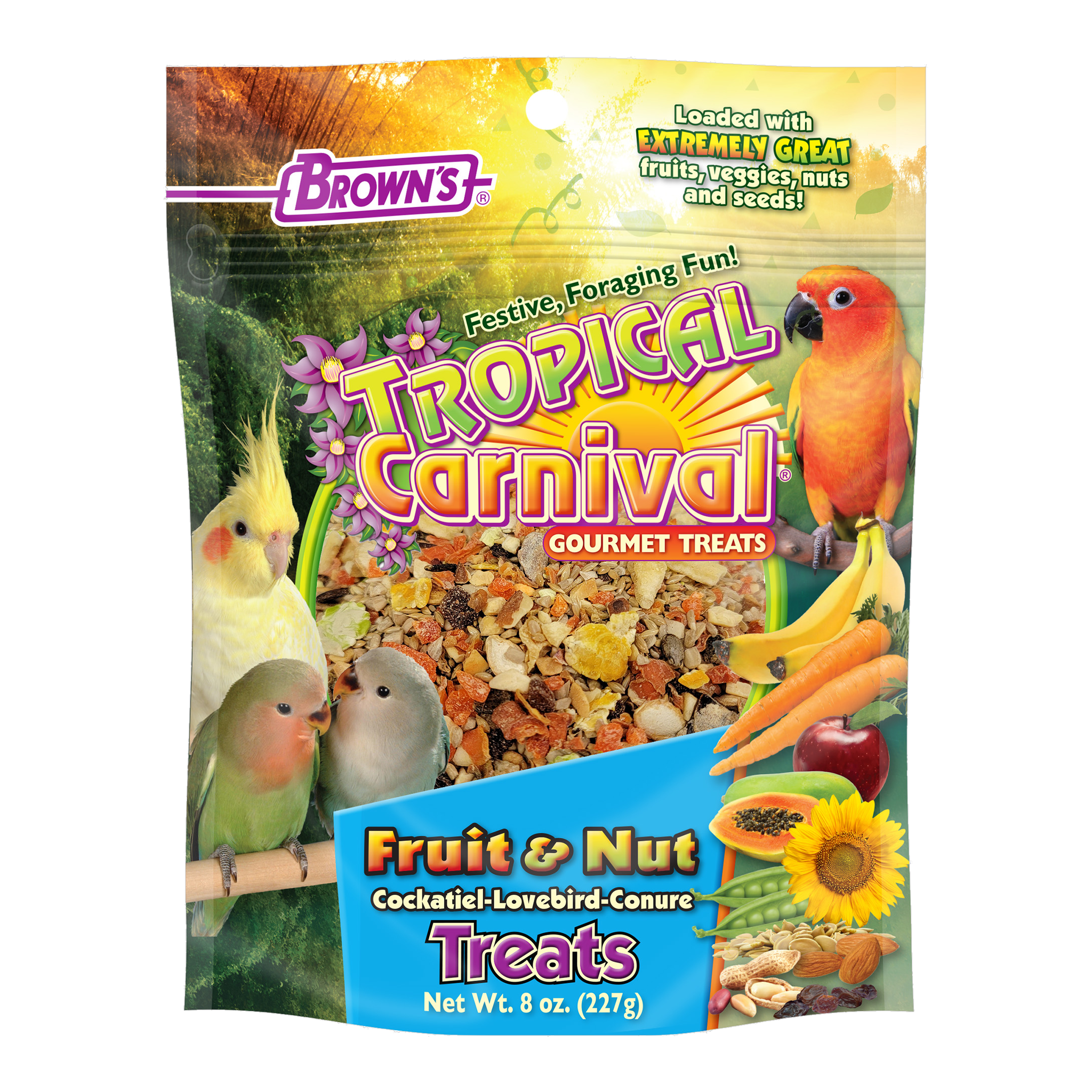Tropical Carnival Fruit & Nut Cockatiel, Conure & Lovebird Treat, front of packaging #8 OZ
