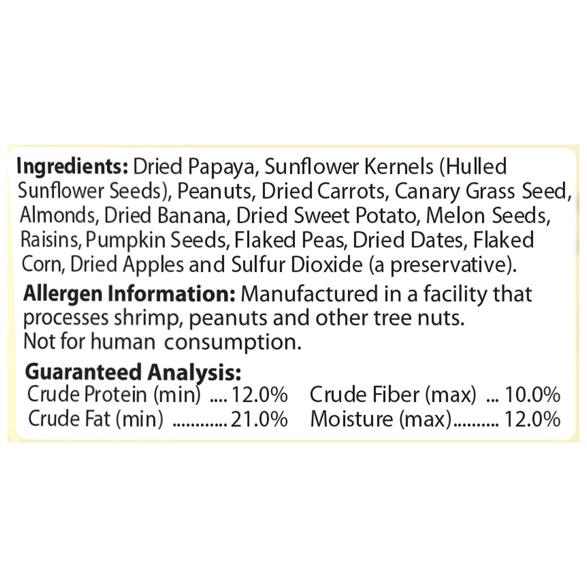 Tropical Carnival Fruit & Nut Cockatiel, Conure & Lovebird Treat ingredients and guaranteed analysis panel