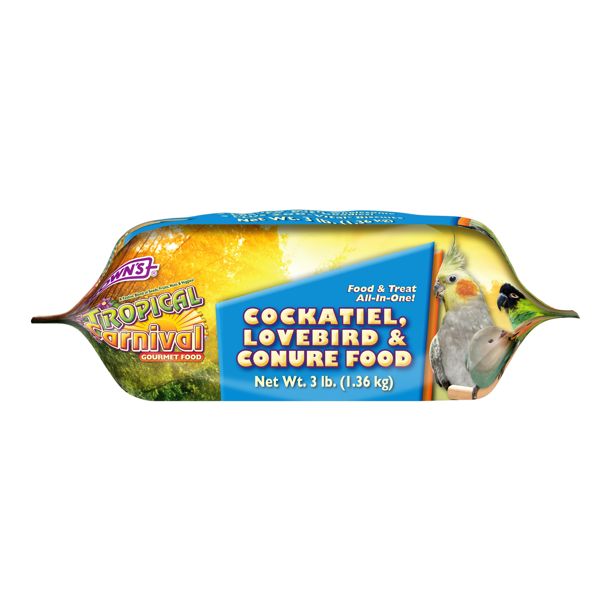 Tropical Carnival Gourmet Cockatiel, Lovebird & Conure Food package, lay-flat view