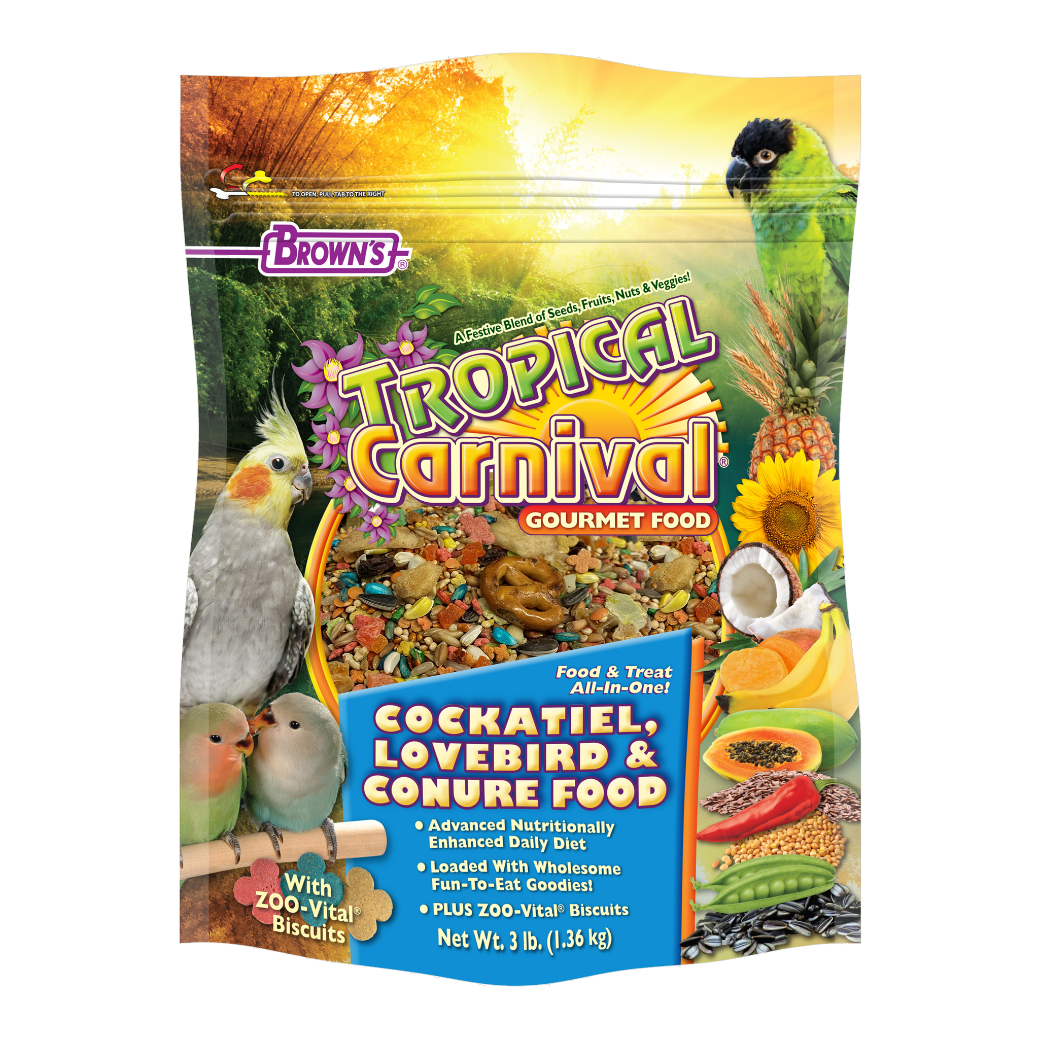 Tropical Carnival Gourmet Cockatiel, Lovebird & Conure Food, front of packaging #3 LB