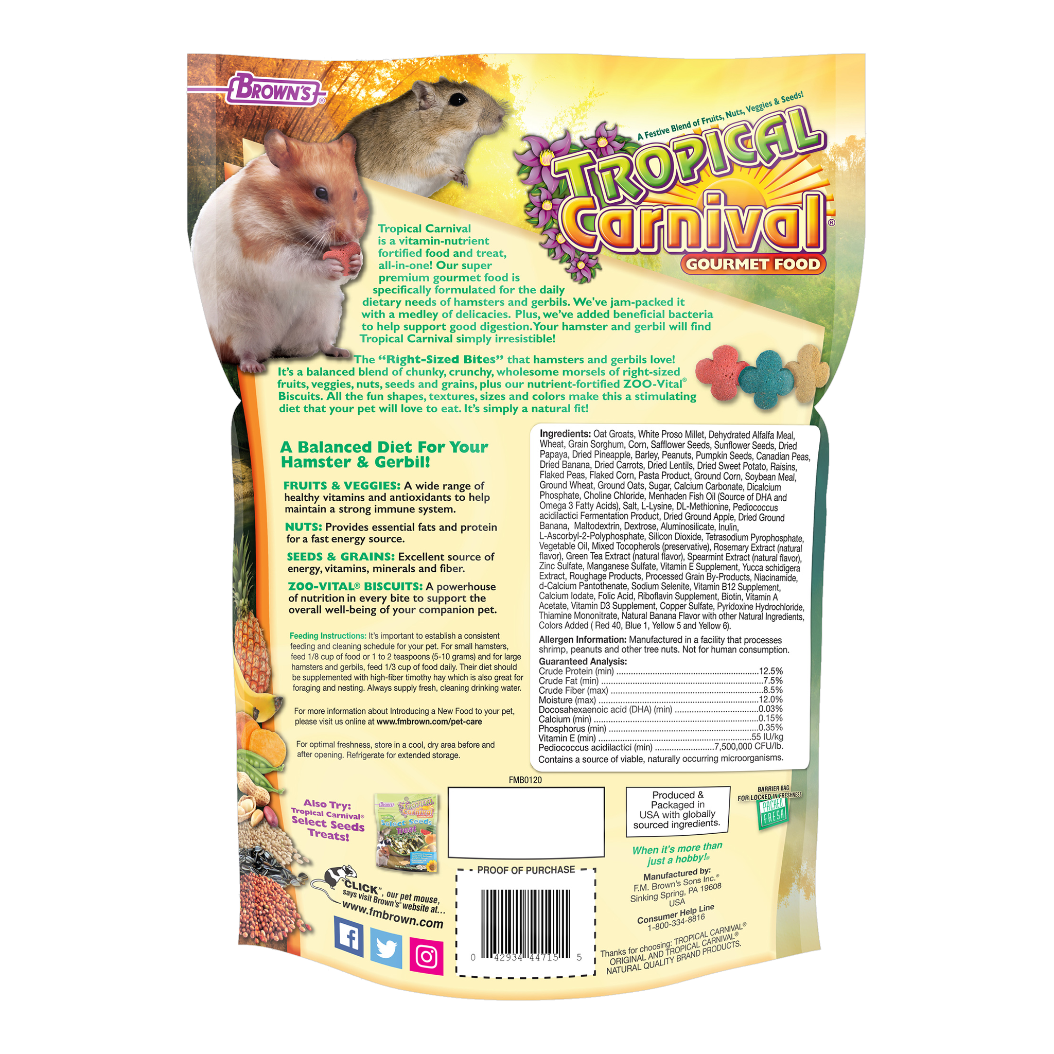 Back of the Tropical Carnival Gourmet Hamster & Gerbil Food packaging with feeding directions