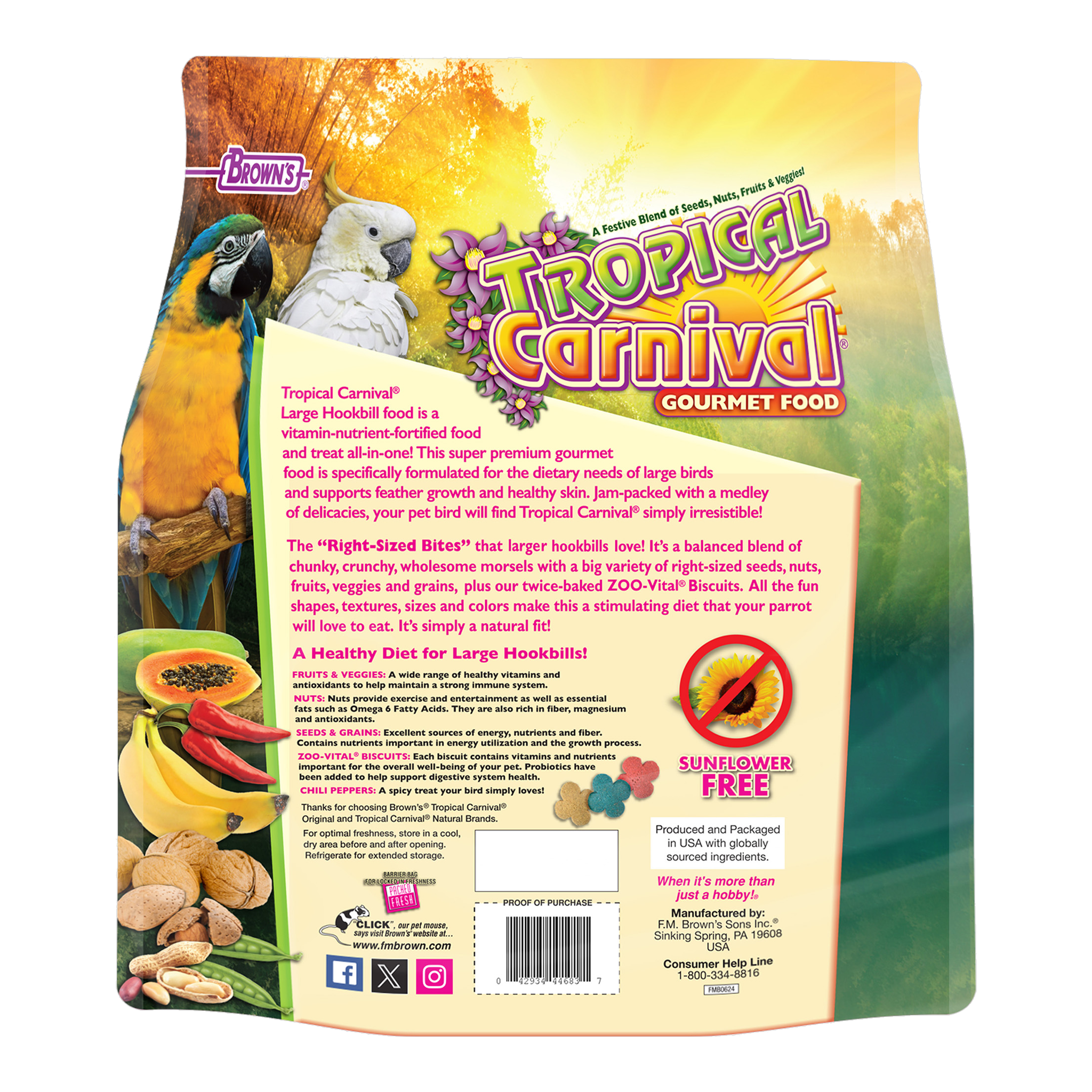 Back of the Tropical Carnival Gourmet Large Hookbill Food packaging with feeding directions