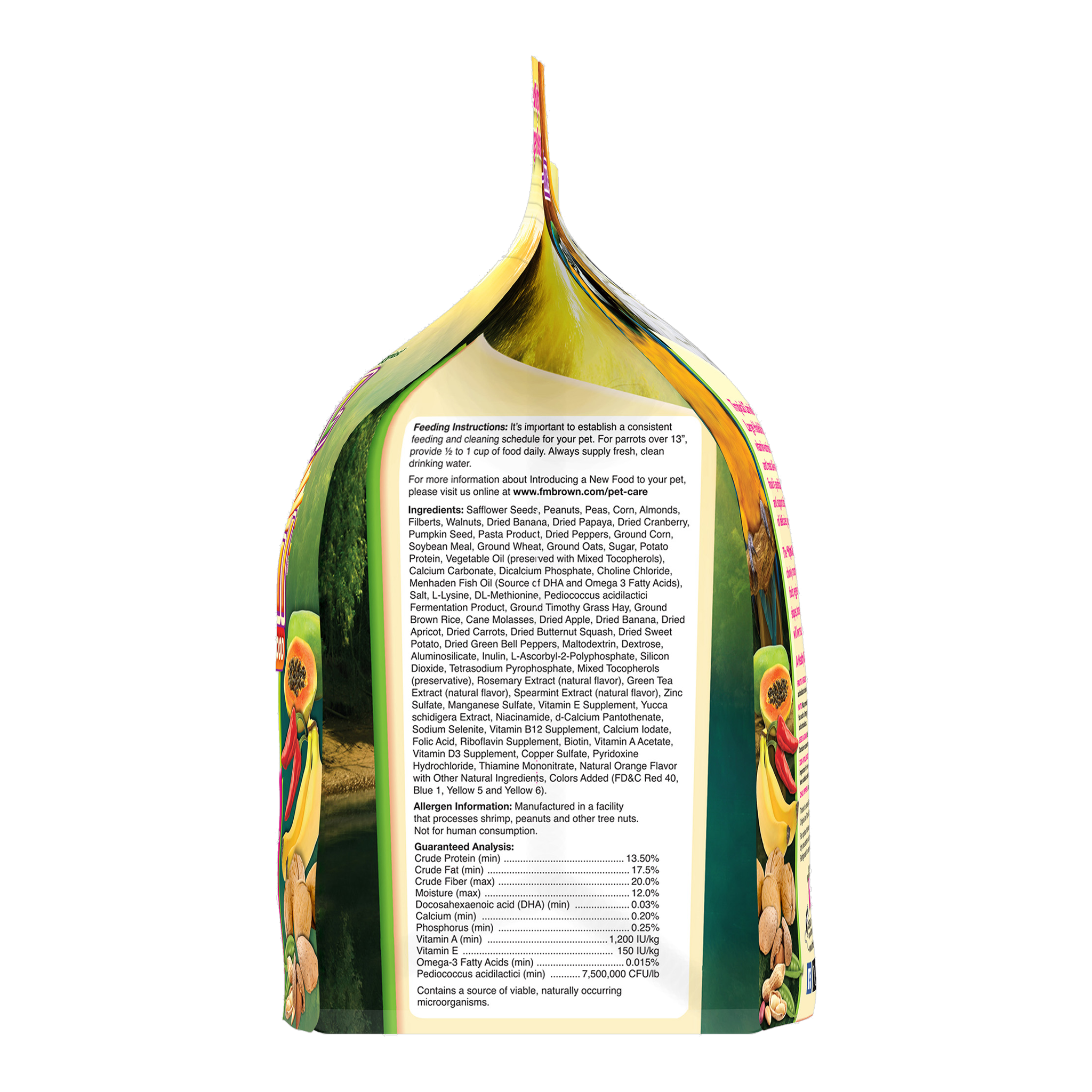 Side panel of the Tropical Carnival Gourmet Large Hookbill Food packaging, reverse