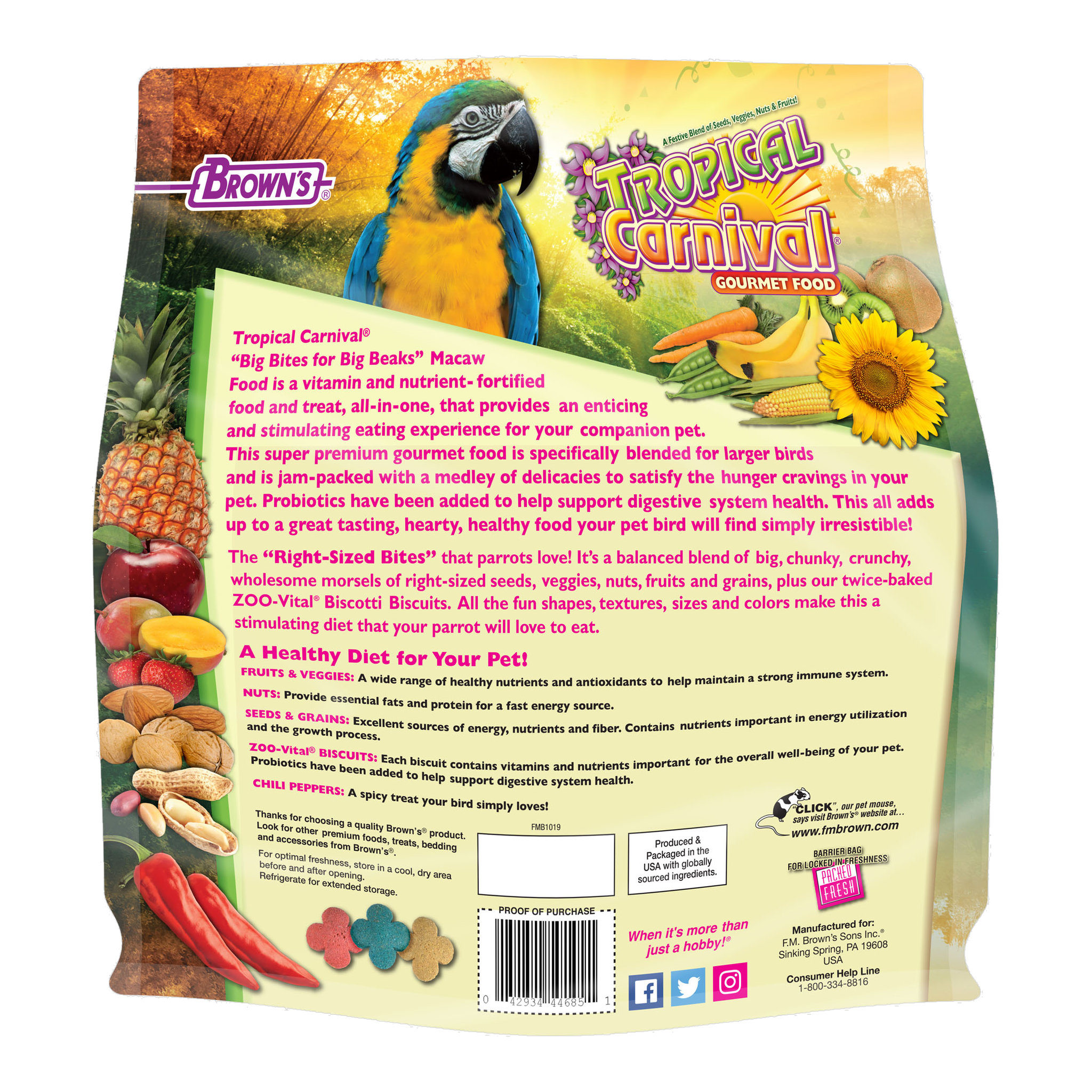 Back of the Tropical Carnival Gourmet Macaw Big Bites Food packaging with feeding directions