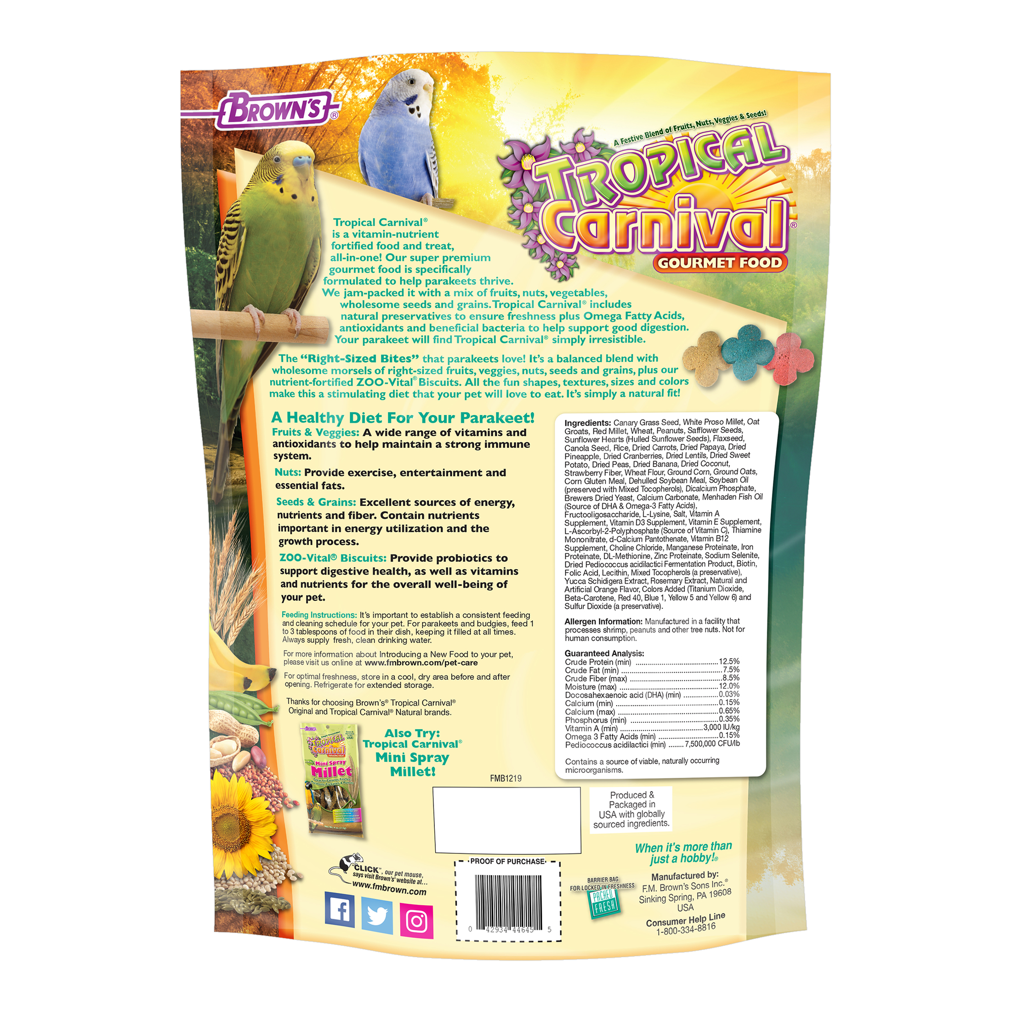 Back of the Tropical Carnival Gourmet Parakeet Food packaging with feeding directions