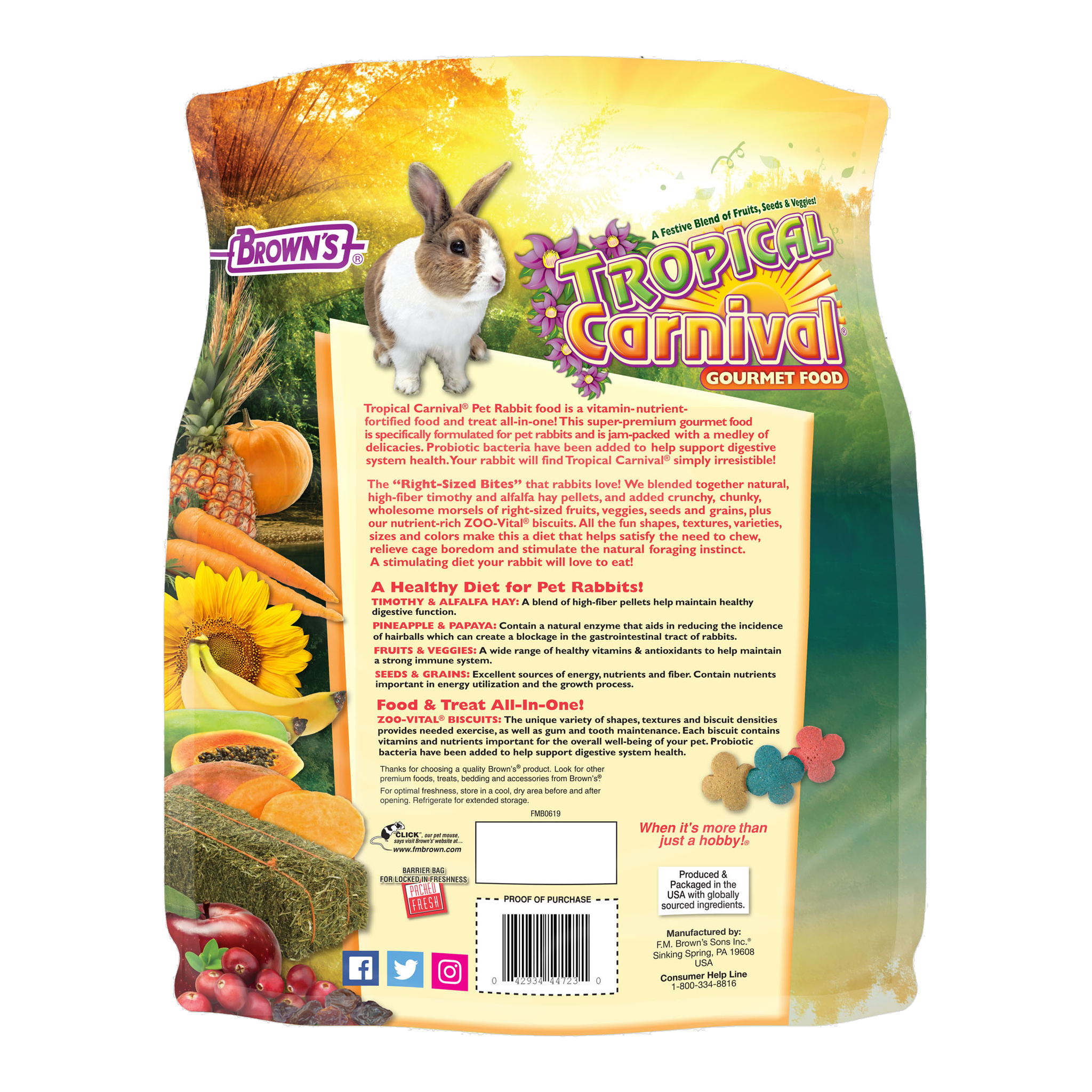 Back of the Tropical Carnival Gourmet Pet Rabbit Food 5 lb bag with feeding guide