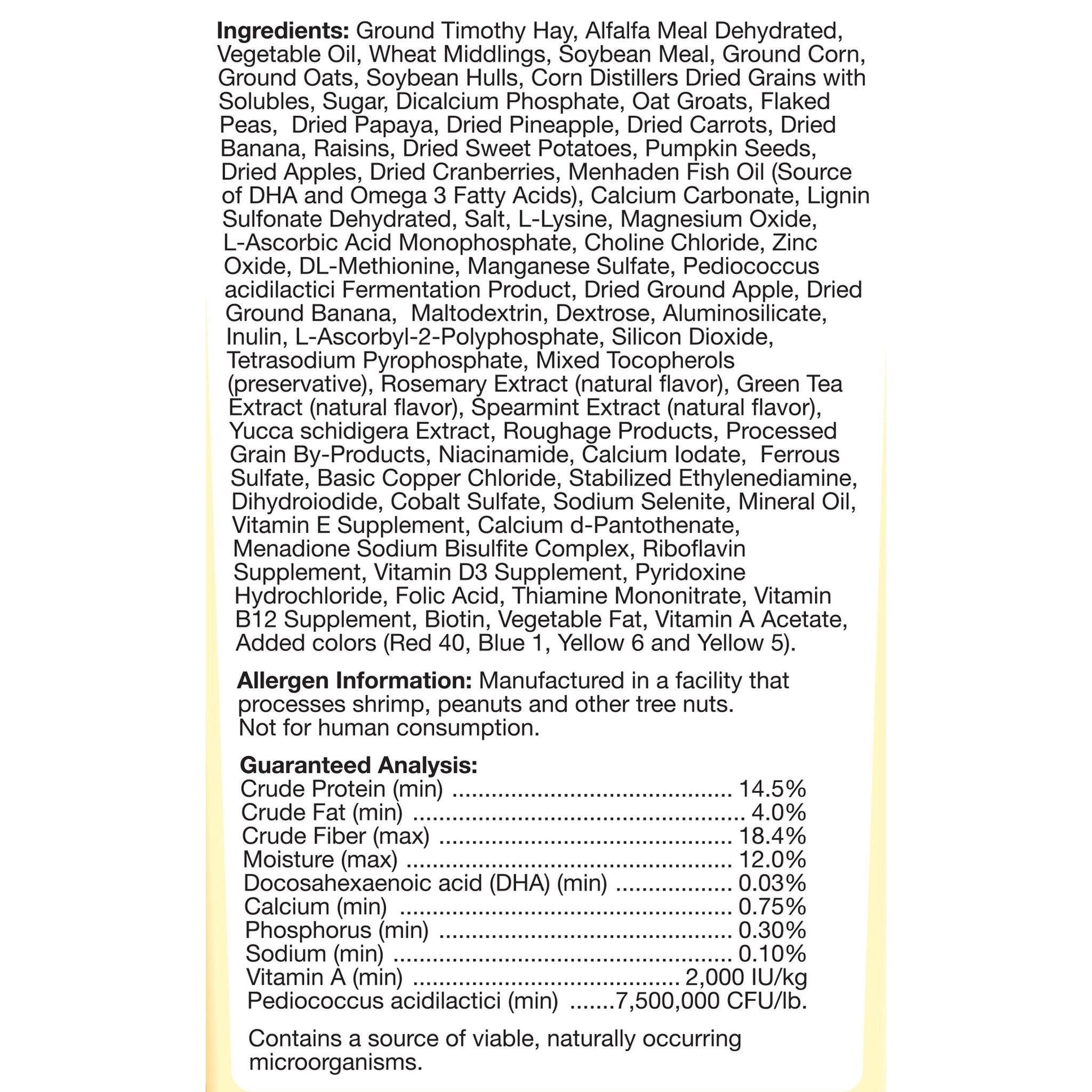 Tropical Carnival Pet Rabbit Food ingredients and guaranteed analysis panel