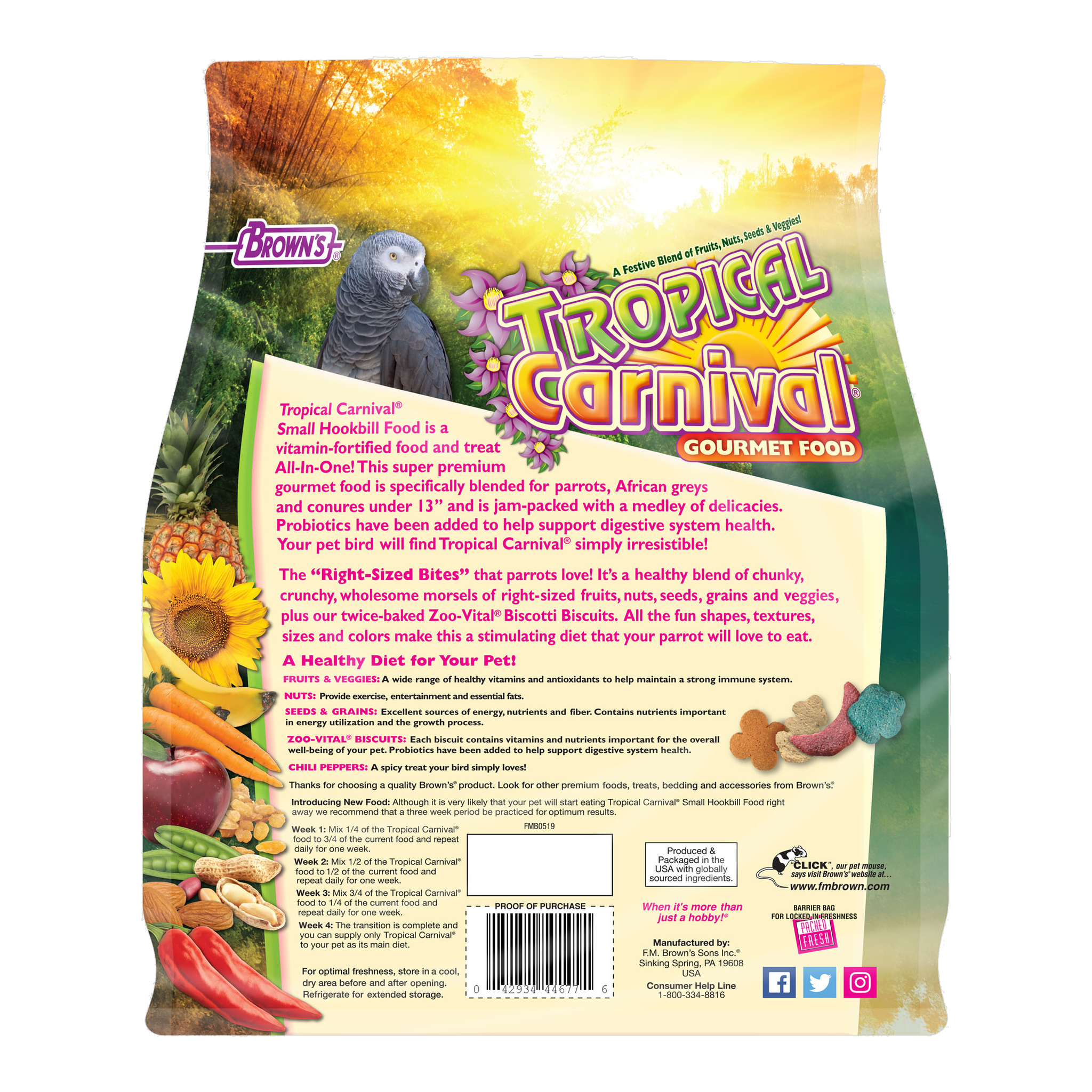Back of the Tropical Carnival Gourmet Small Hookbill Food packaging with feeding directions