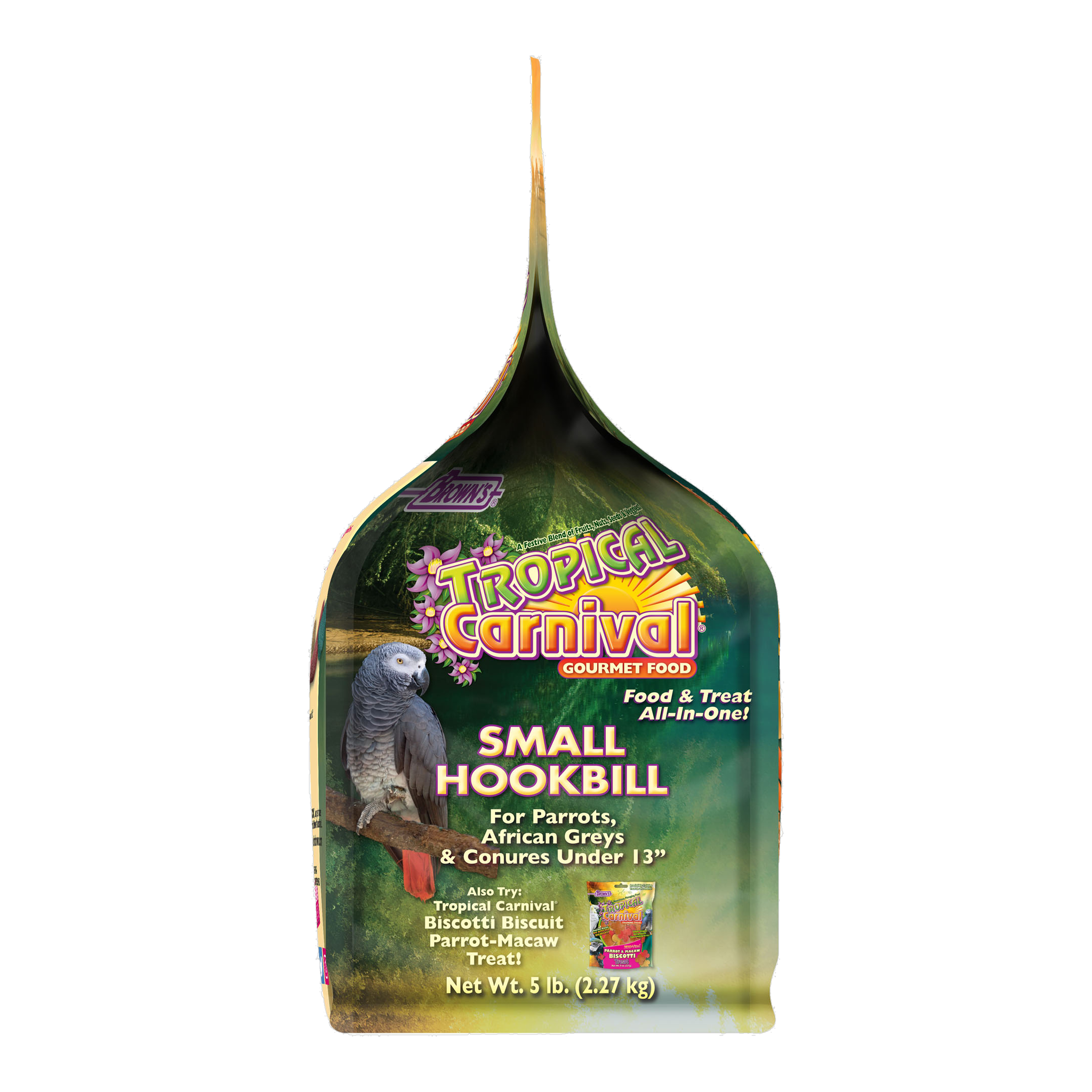 Side panel of the Tropical Carnival Gourmet Small Hookbill Food packaging