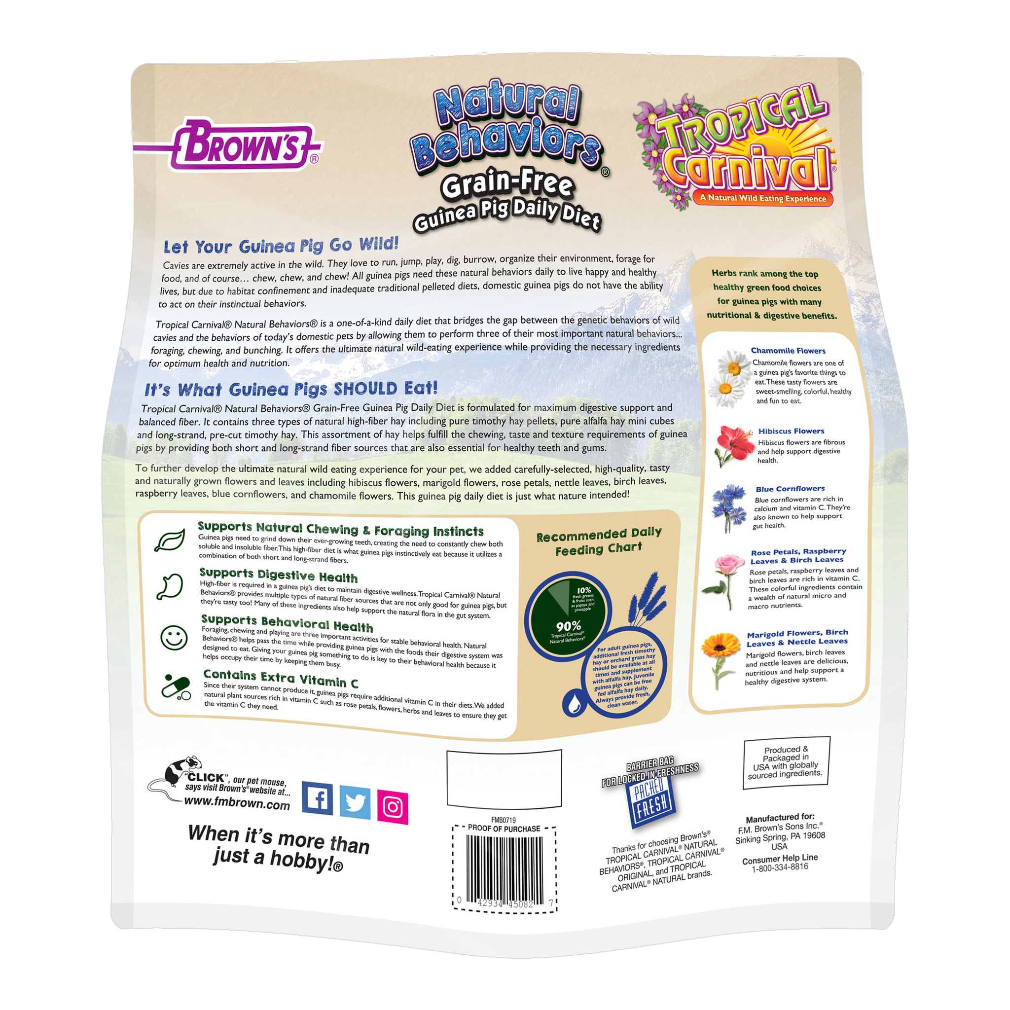 Back of the Tropical Carnival Natural Behaviors Guinea Pig Grain-Free Daily Diet packaging with feeding directions