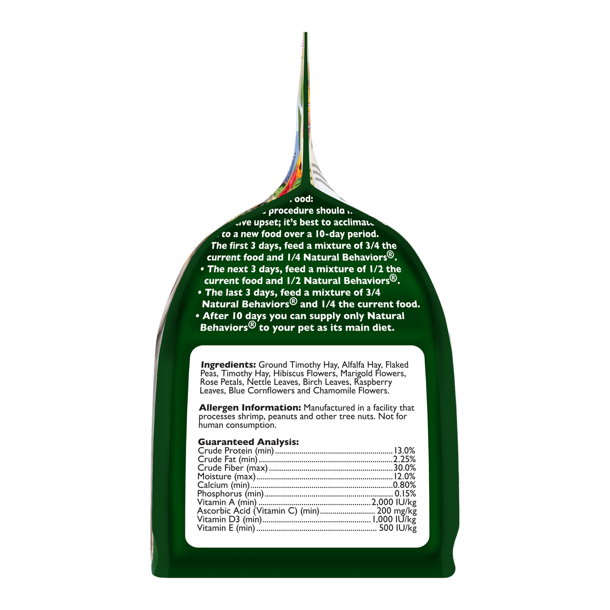 Side panel of the Tropical Carnival Natural Behaviors Guinea Pig Grain-Free Daily Diet packaging, reverse