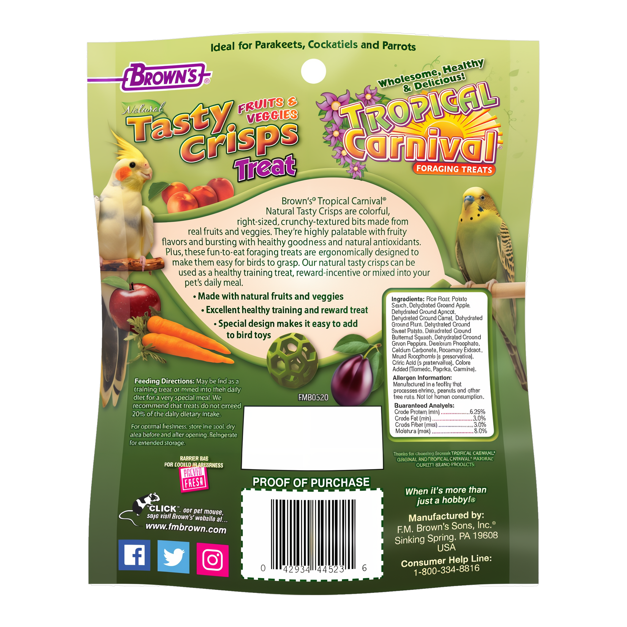 Back of the Tropical Carnival Natural Tasty Crisps for Pet Birds packaging with feeding directions