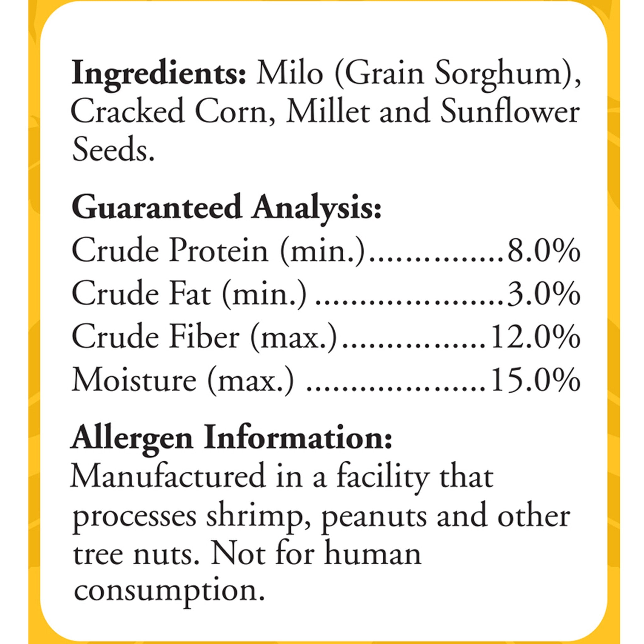 Value Blend Select Wild Bird Food ingredients and guaranteed analysis panel