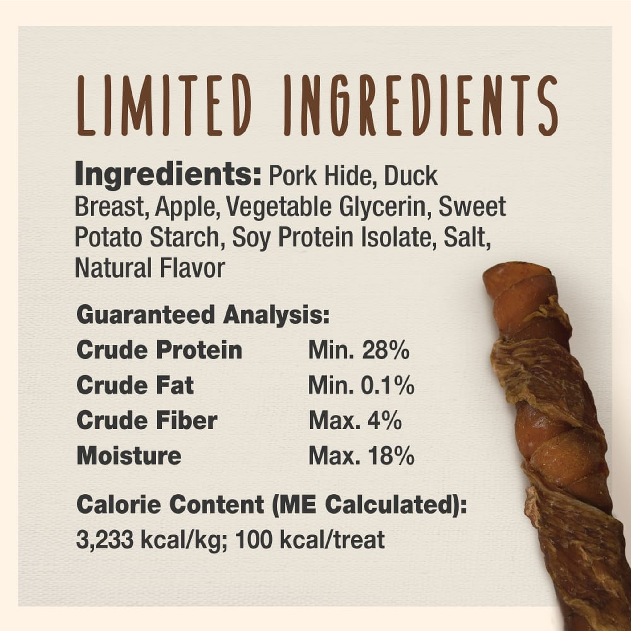 Limited ingredients list and guaranteed analysis for Cadet Gourmet Triple Chews apple and duck
