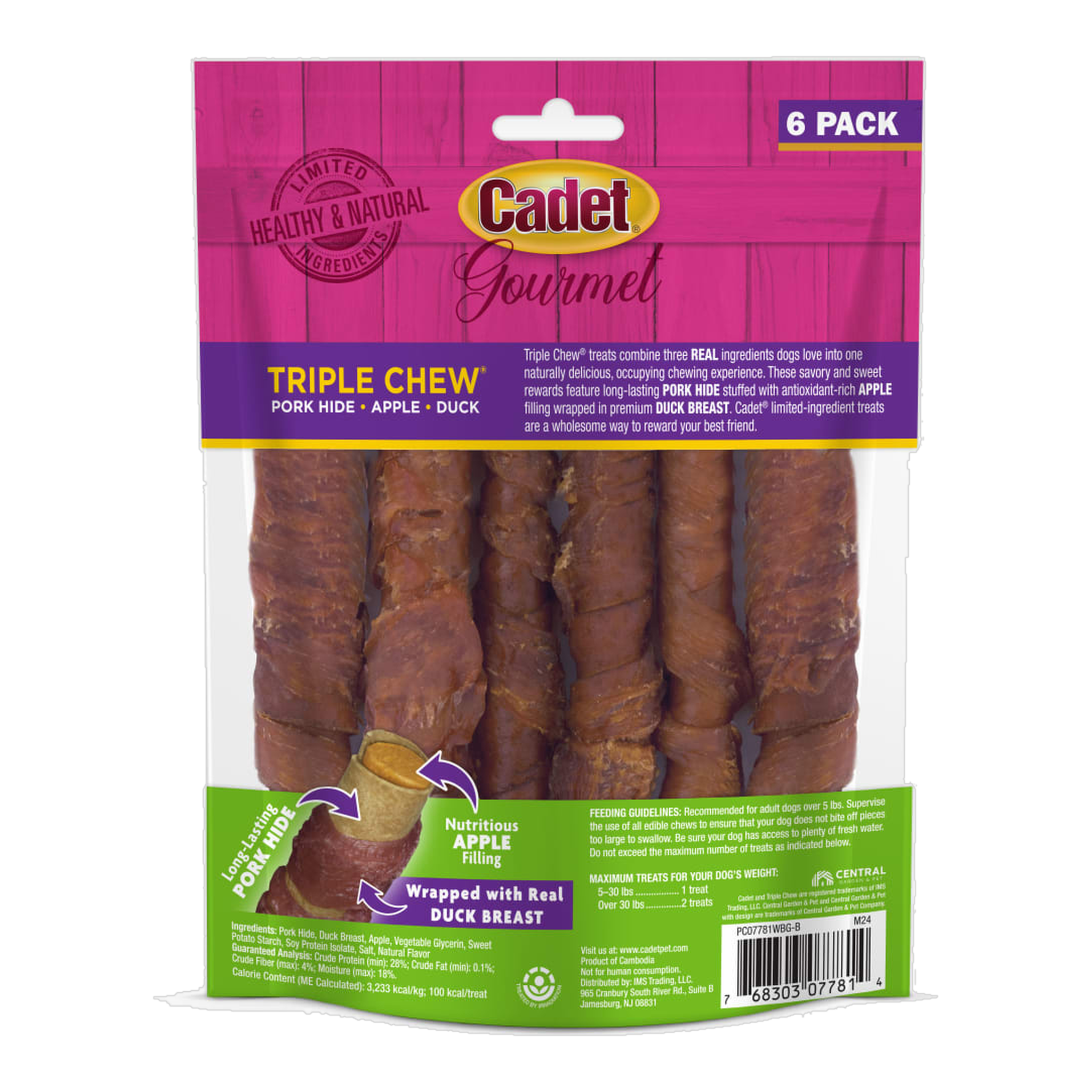 Back of the Cadet Gourmet Triple Chews apple and duck 6 pack bag with feeding information
