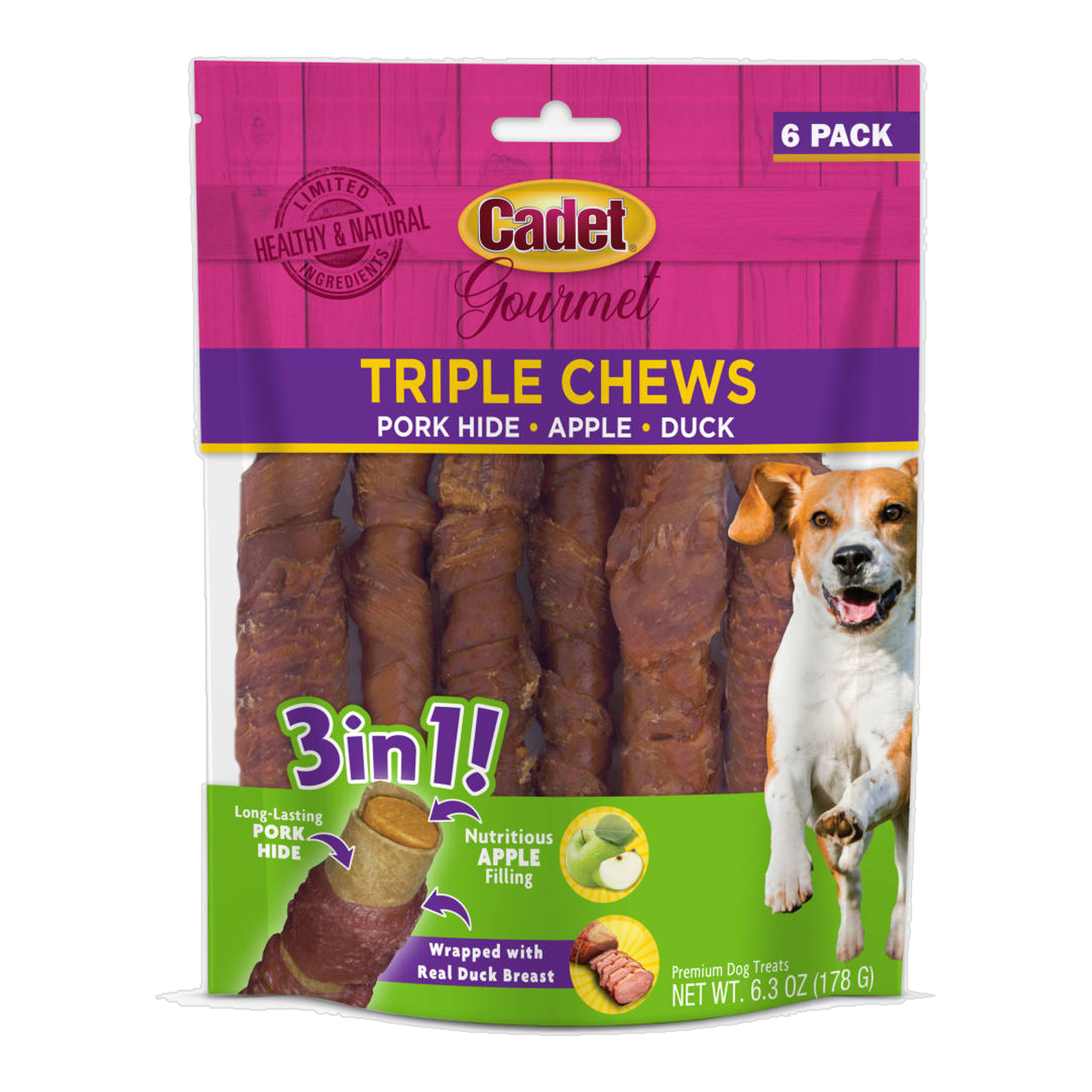 Cadet Gourmet Triple Chews pork hide twists with apple and duck, 6 pack bag front