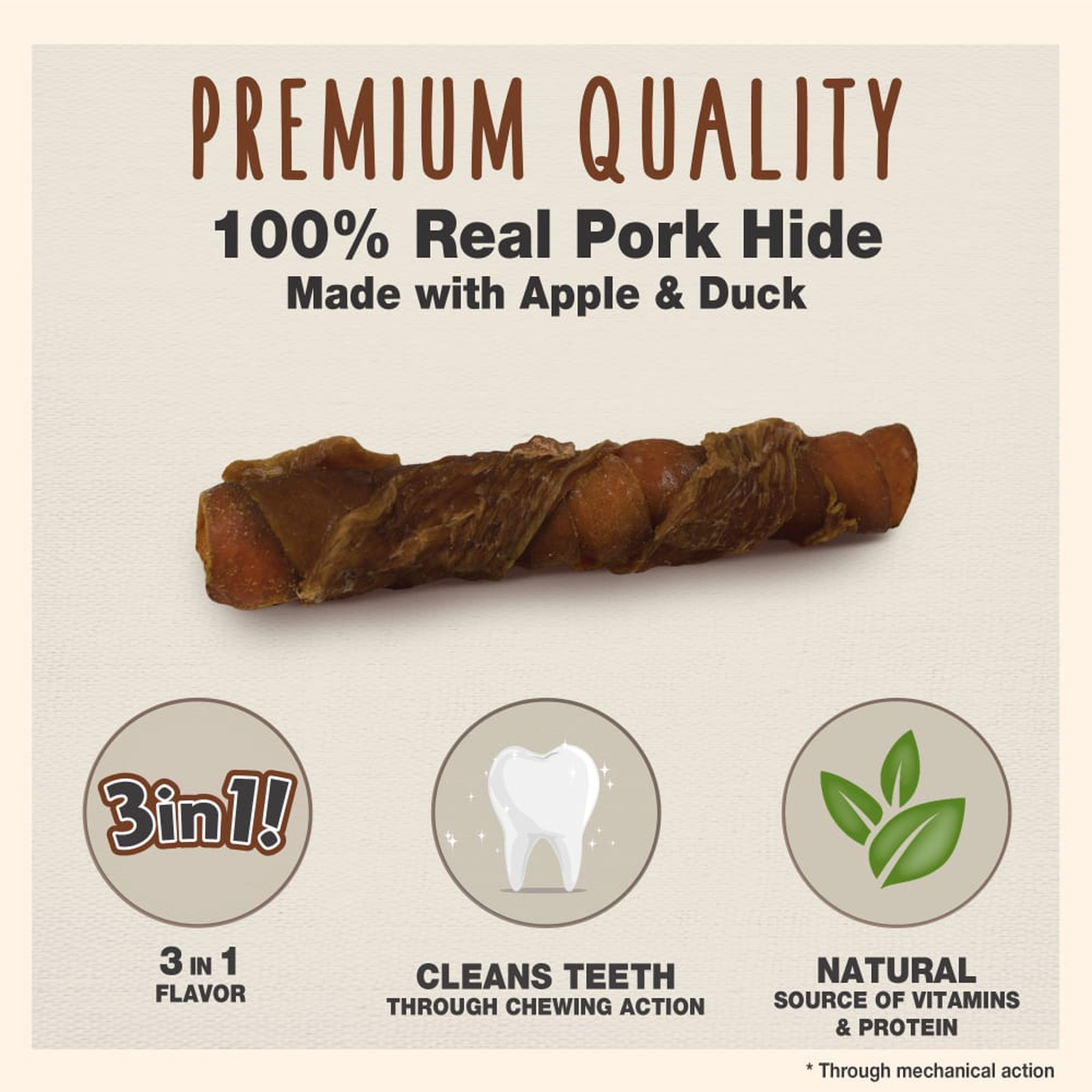 Premium quality 100 percent real pork hide made with apple and duck, cleans teeth through chewing