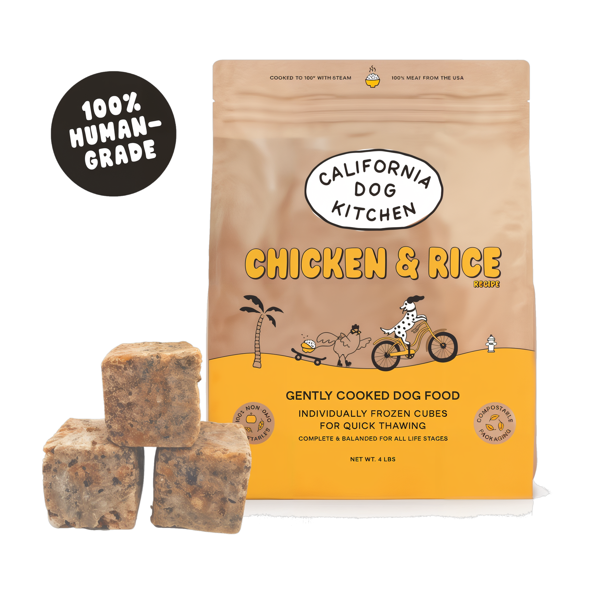 California Dog Kitchen Chicken and Rice Gently Cooked Dog Food 4 lb bag with human-grade frozen cubes