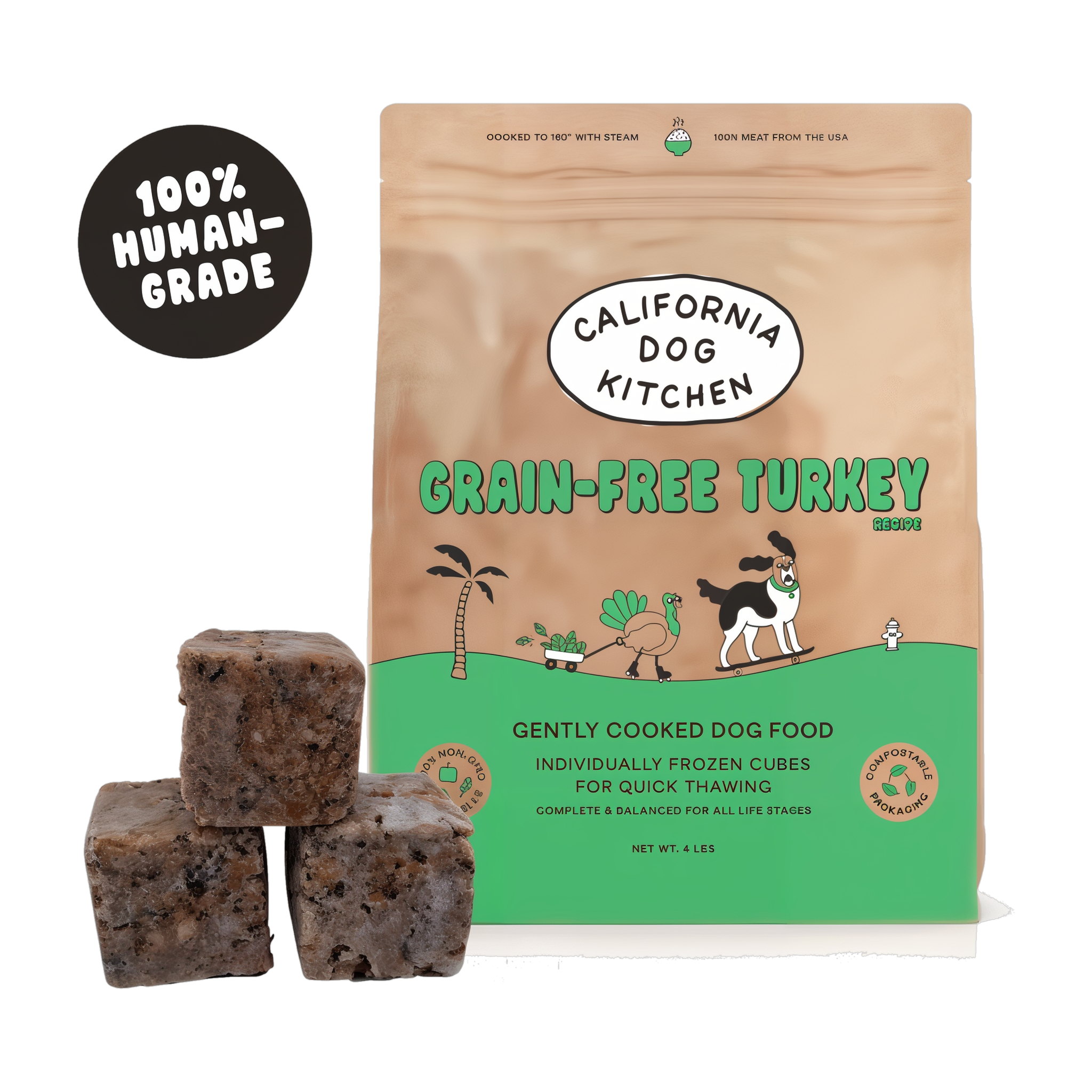 California Dog Kitchen Grain Free Turkey Gently Cooked Dog Food 4 lb bag with human-grade frozen cubes