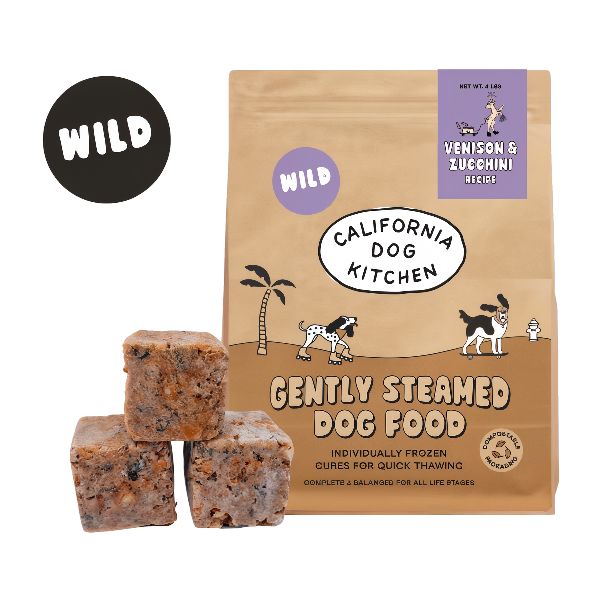 California Dog Kitchen Venison and Zucchini Gently Cooked Dog Food 4 lb bag with frozen cubes, wild venison novel protein