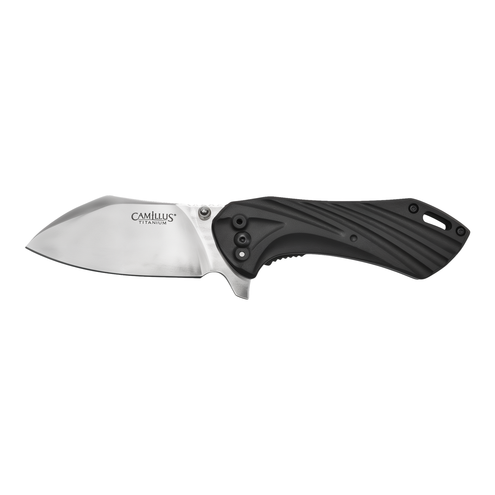 Camillus Chunk folding knife open showing 3 inch titanium-bonded 420 stainless sheepsfoot blade with Camillus Titanium logo and black glass-filled nylon handle
