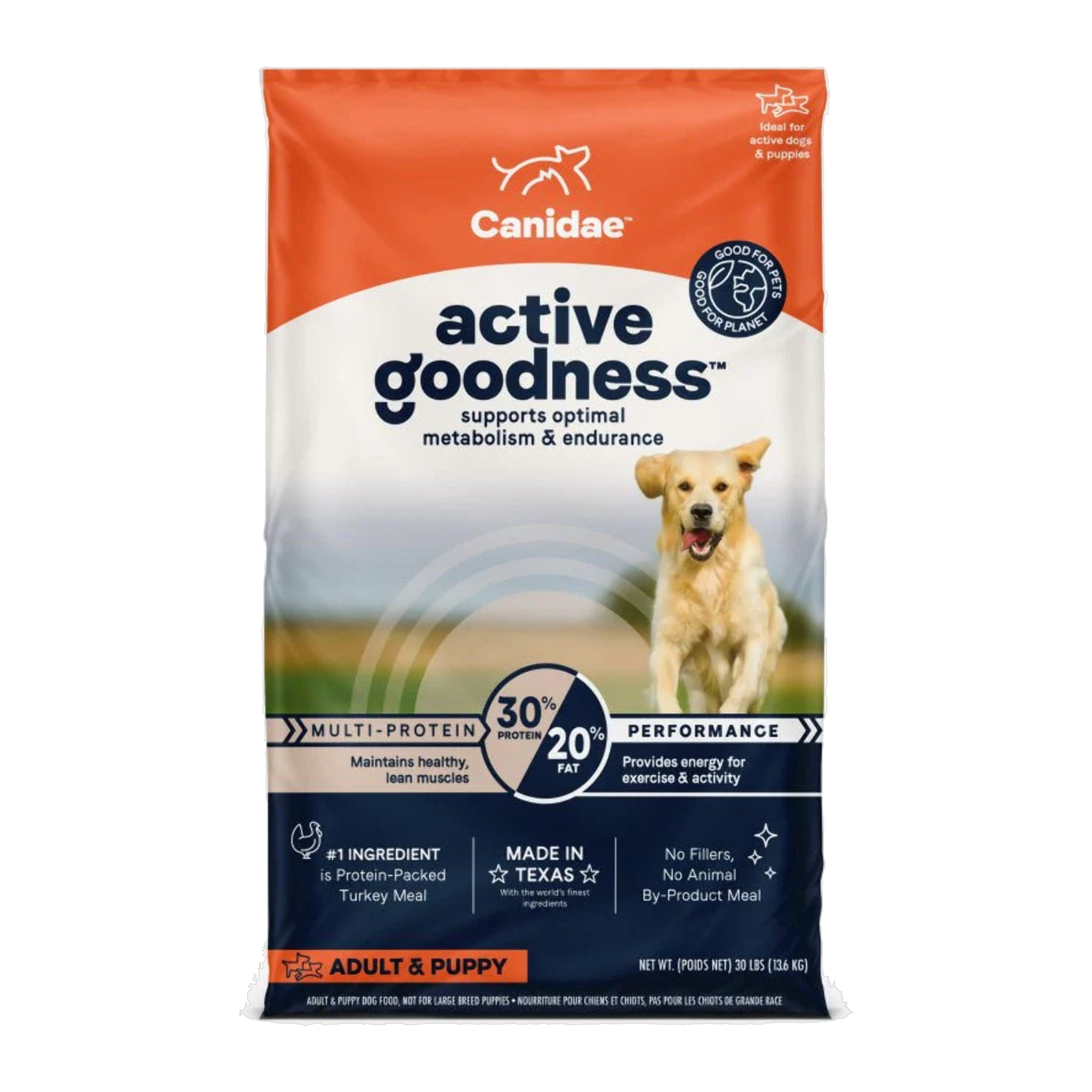 Canidae Active Goodness Multi-Protein Turkey Meal dry dog food, front of the 30 lb bag