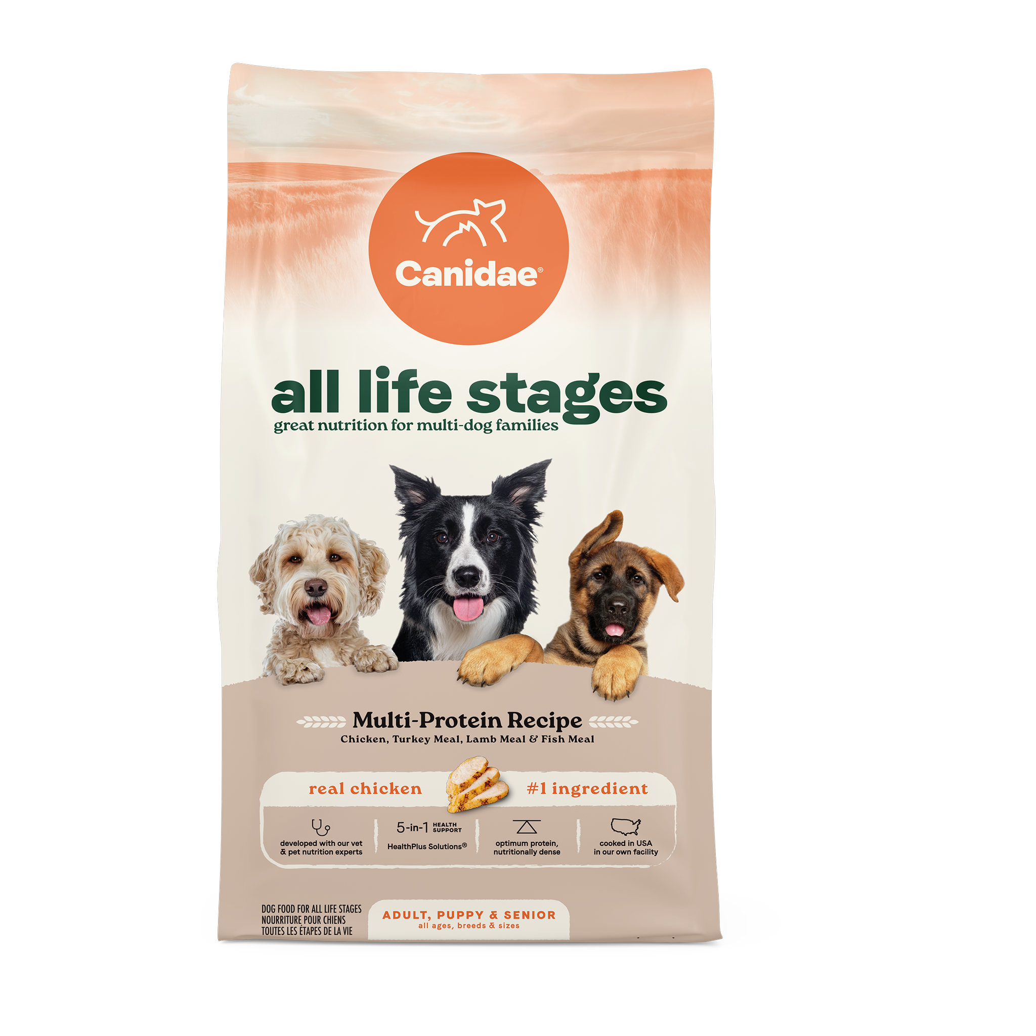 Canidae All Life Stages Multi-Protein Recipe dry dog food, front of the 40 lb bag with real chicken, turkey, lamb and fish