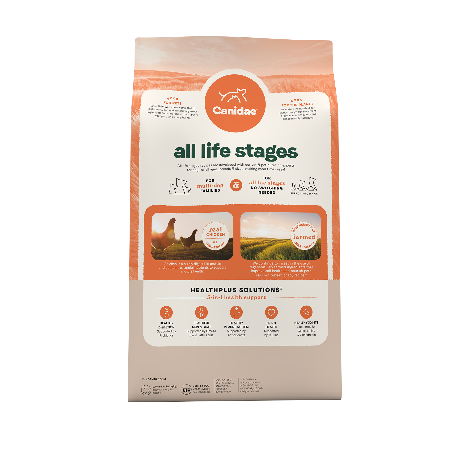 Back of the Canidae All Life Stages Multi-Protein bag showing HealthPlus Solutions benefits, ingredients and guaranteed analysis