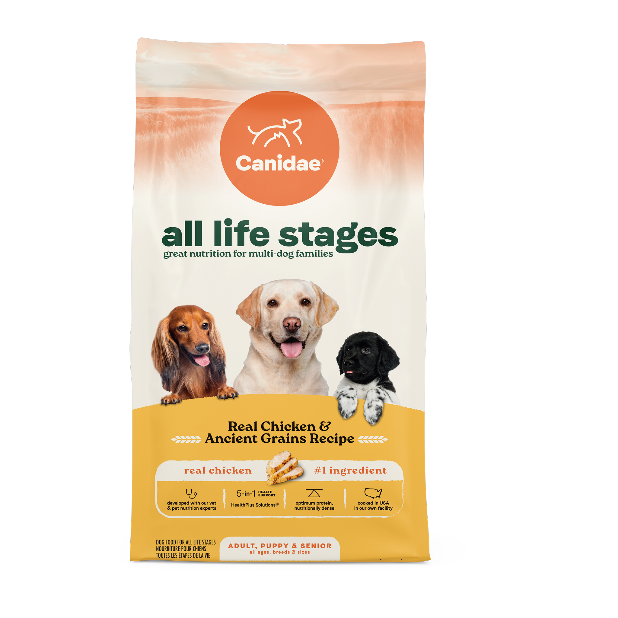 Canidae All Life Stages Real Chicken & Ancient Grains Recipe dry dog food, front of the 40 lb bag with real chicken first