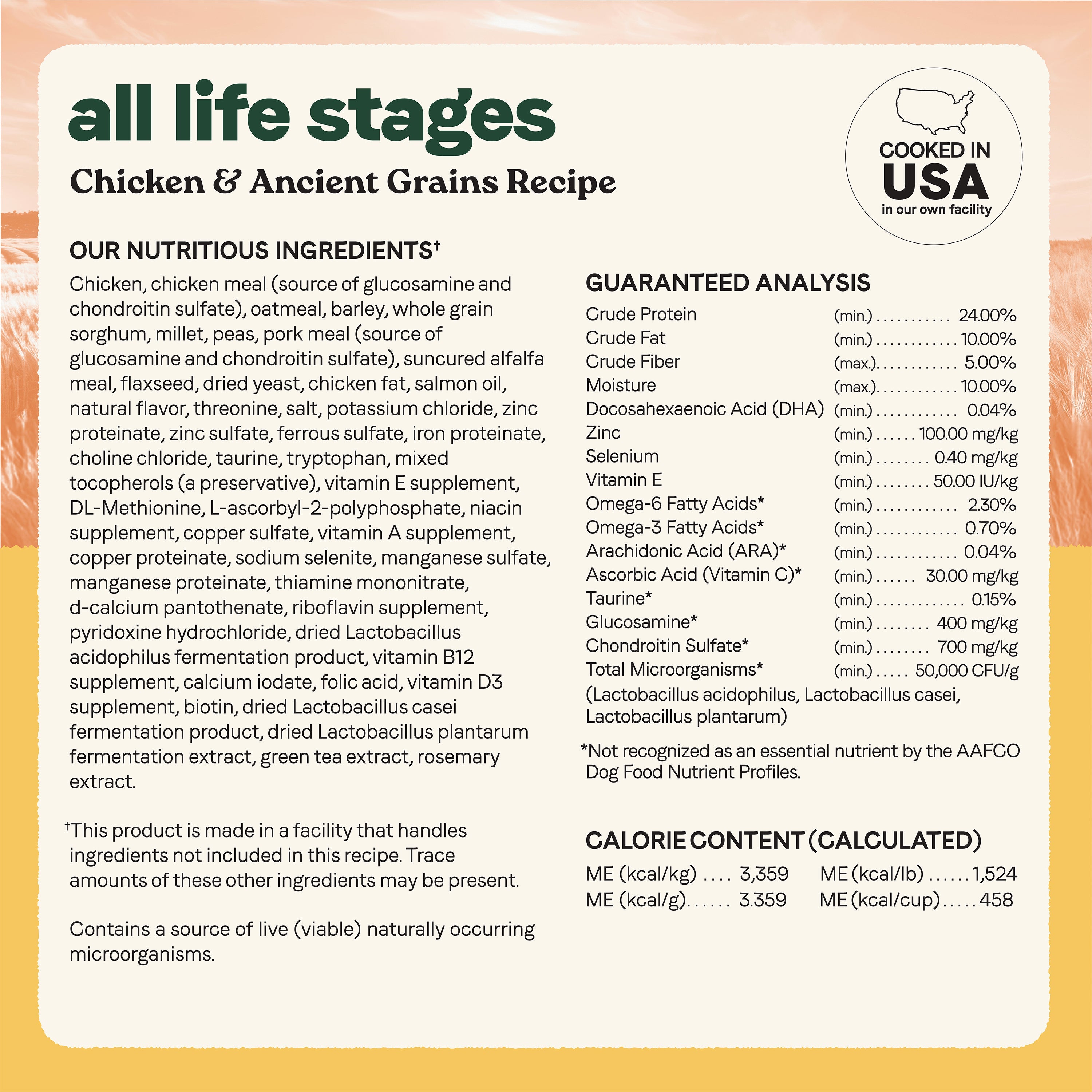 Canidae All Life Stages Chicken & Ancient Grains ingredients, guaranteed analysis and calorie content, cooked in the USA