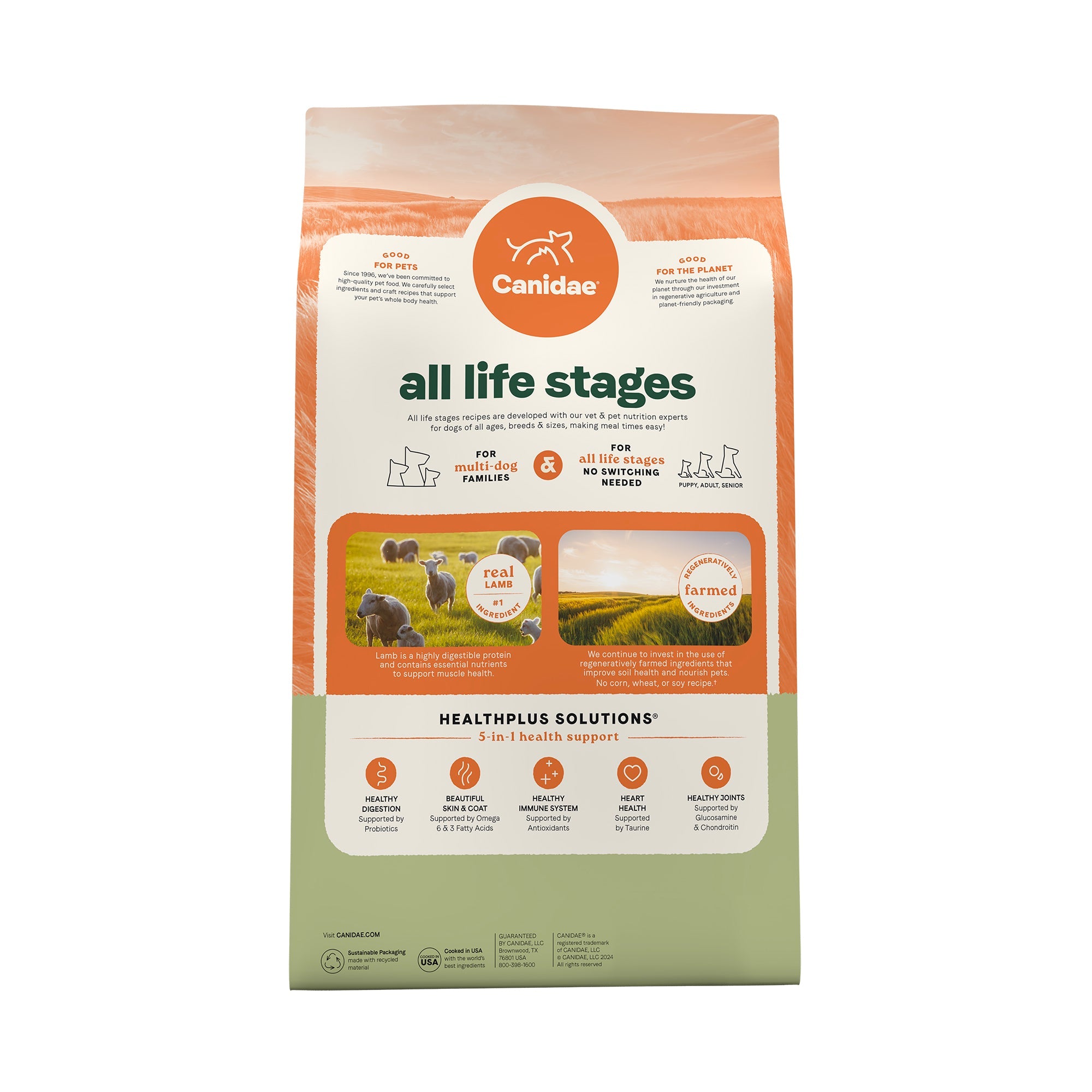 Back of the Canidae All Life Stages Real Lamb & Ancient Grains bag showing HealthPlus Solutions benefits, ingredients and guaranteed analysis
