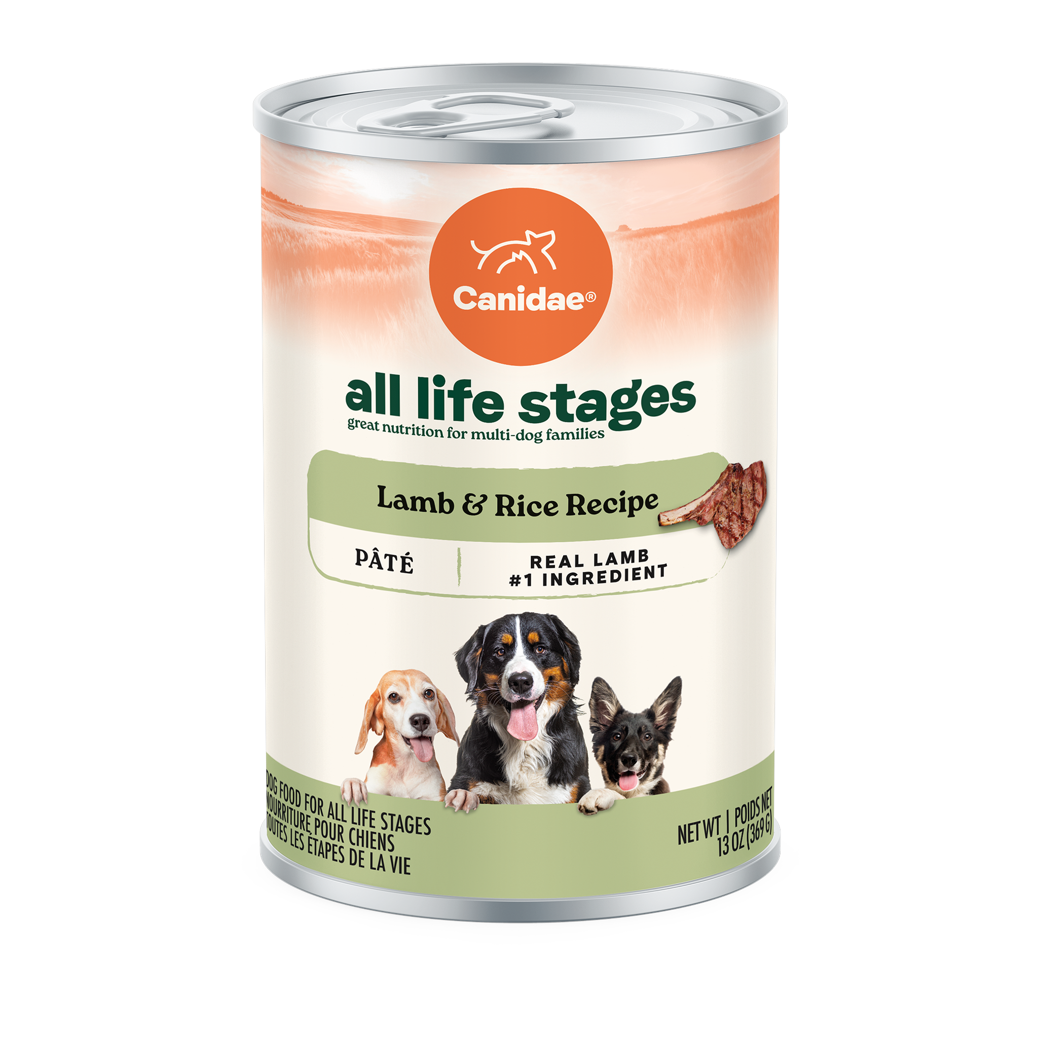 Canidae All Life Stages Lamb & Rice pate dog food, front of the 13 oz can with real lamb