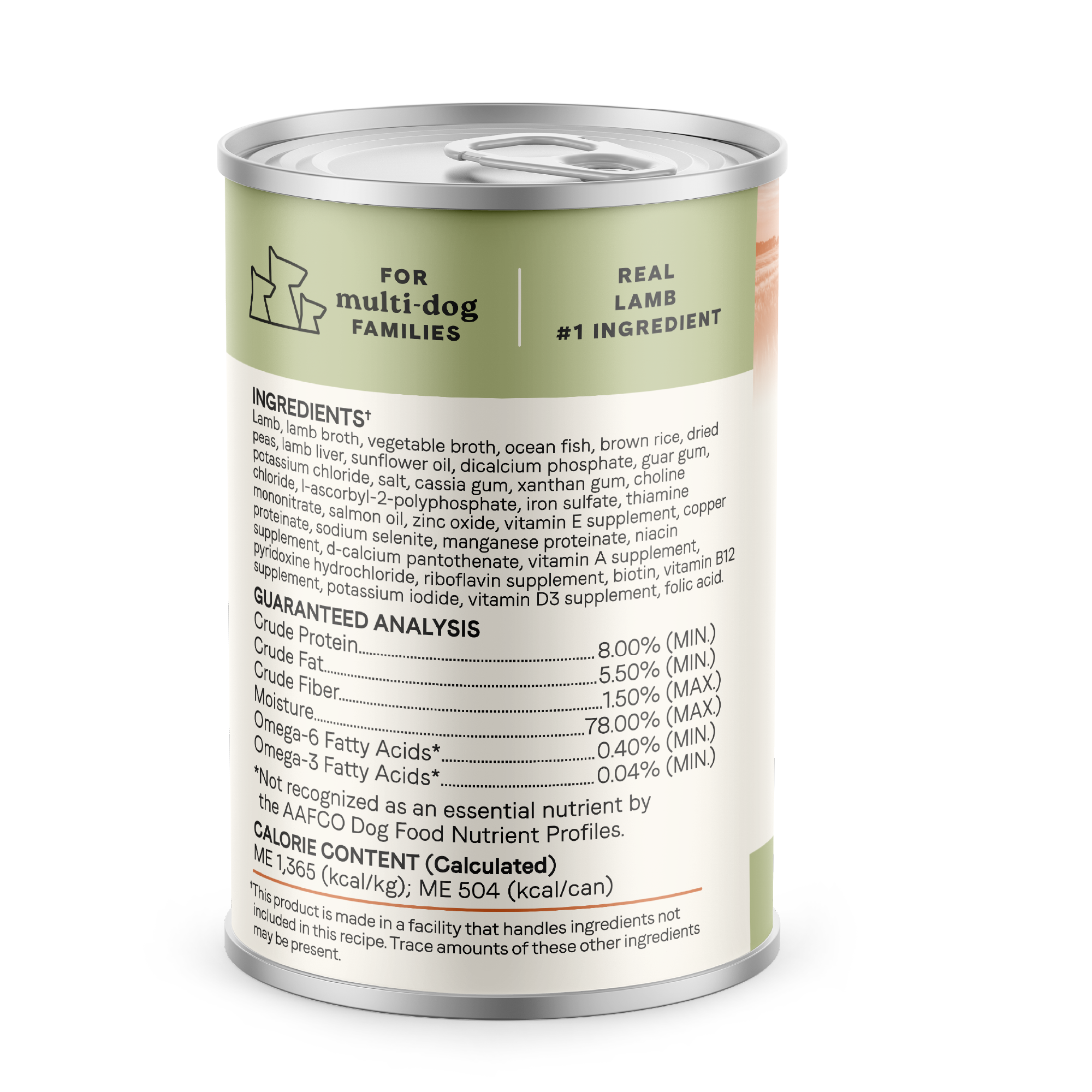 Back of the Canidae All Life Stages Lamb & Rice can showing ingredients, guaranteed analysis and calorie content