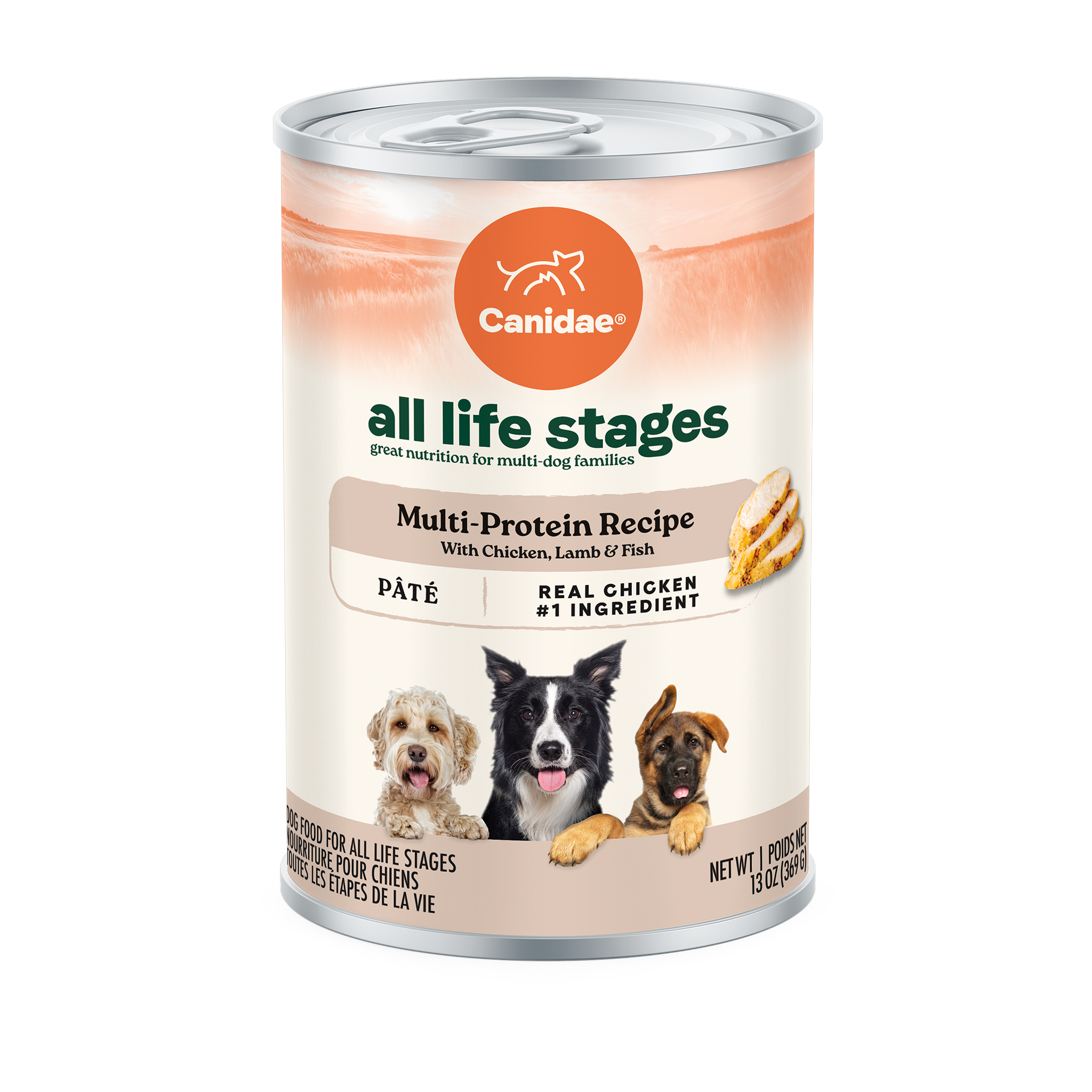 Canidae All Life Stages Multi-Protein pate dog food, front of the 13 oz can with chicken, lamb and fish