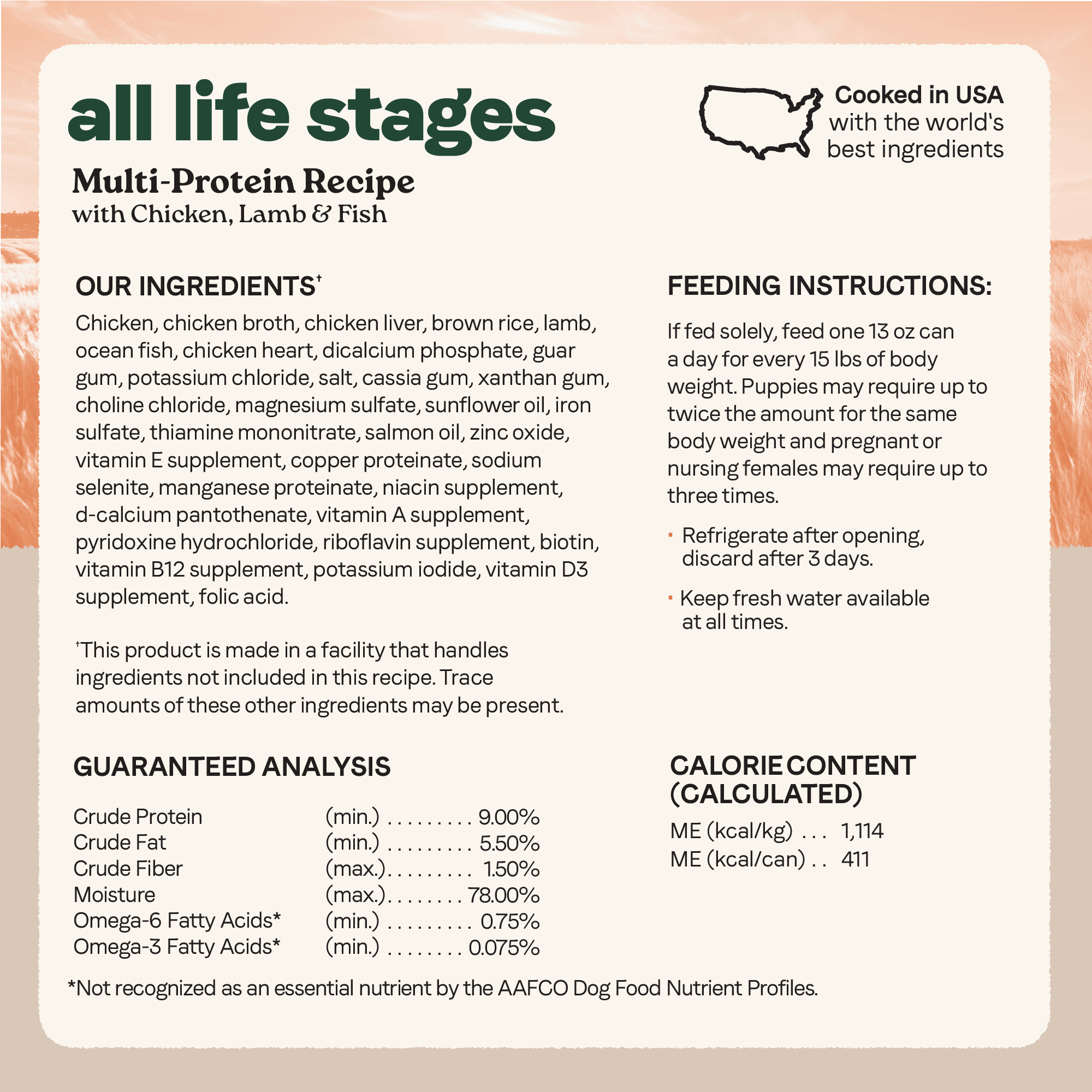 Canidae All Life Stages Multi-Protein ingredients, feeding guide and guaranteed analysis, cooked in the USA