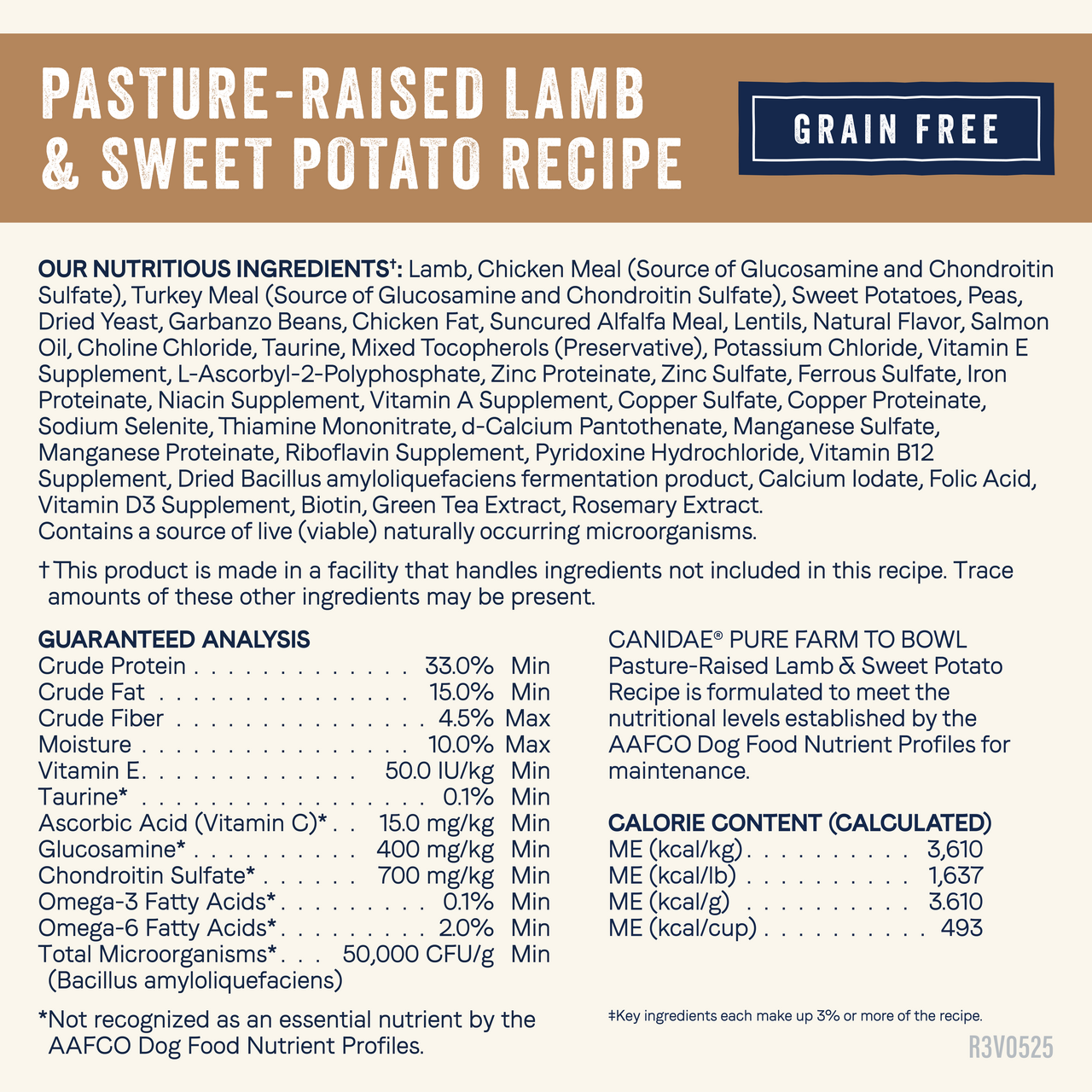 Canidae Pure Farm to Bowl Lamb and Sweet Potato guaranteed analysis and full ingredients list